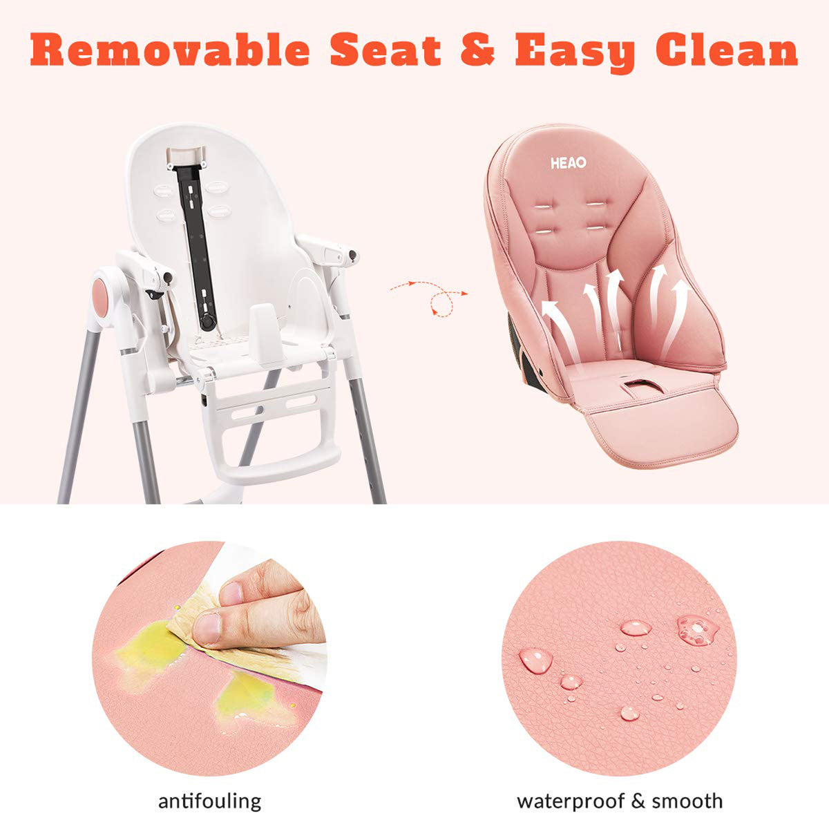 HEAO Adjustable Reclining Foldable Baby High Chair with Rotating Wheels, Pink - VMInnovations