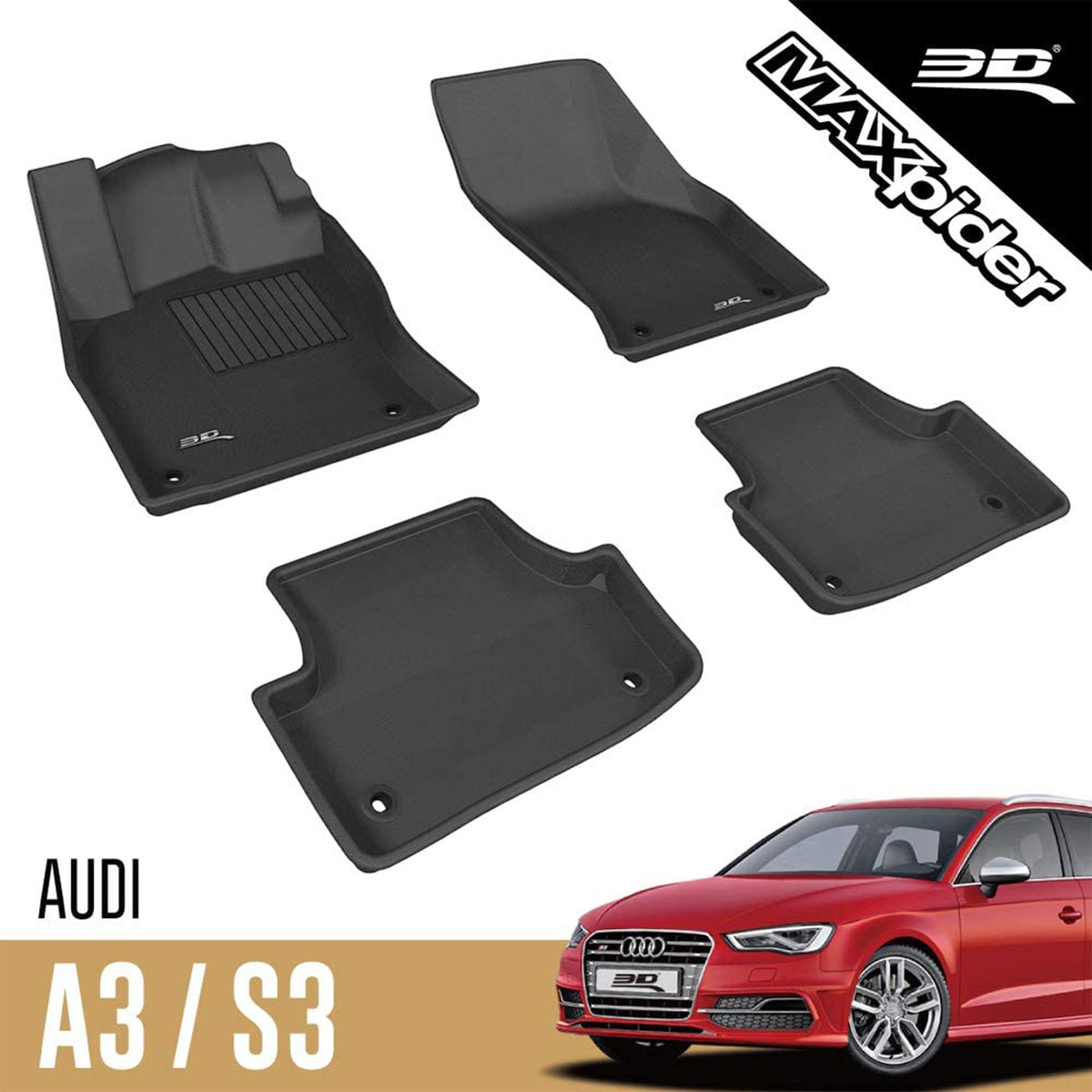 3D MAXpider Kagu Series Custom Floor Mat Liner Set, 2015-2020 Audi A3/S3, Black