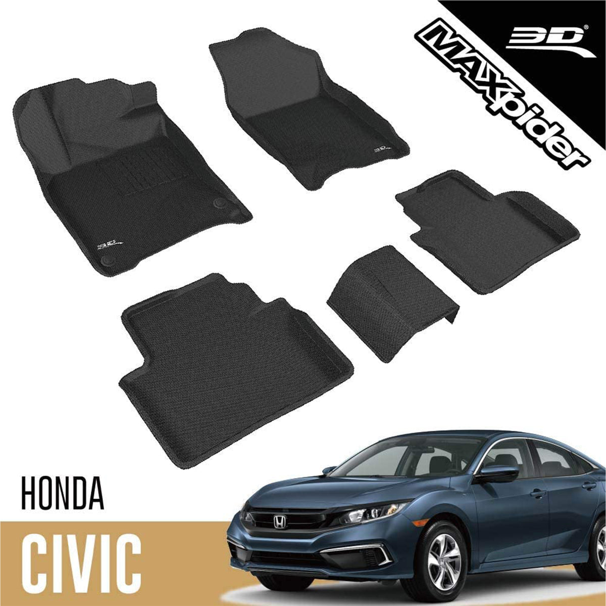 Kagu Custom Floor Mat Set, 2016-2021 Honda Civic, 1st/2nd Row, Black (Open Box)