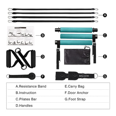 MALOOW Portable Pilates Bar w/ Adjustable Resistance Bands and Travel Bag, Blue
