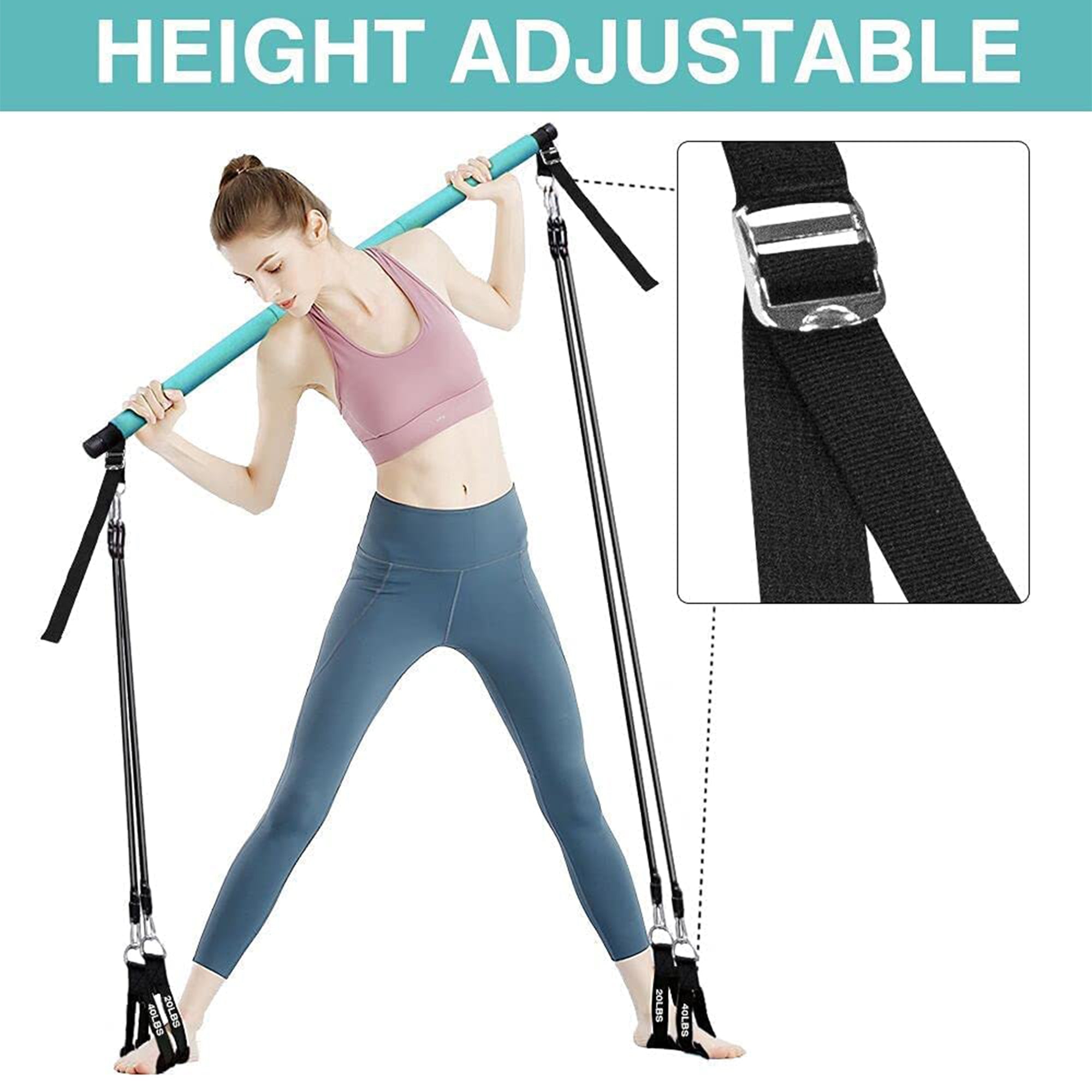MALOOW Portable Pilates Bar w/ Adjustable Resistance Bands and Travel Bag, Blue