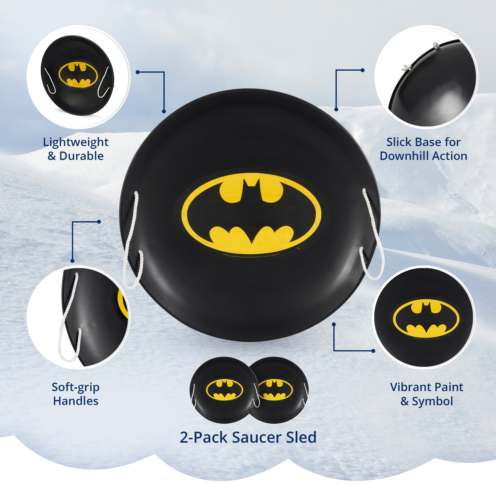 Slippery Racer 26 Inch Batman Metal Saucer Sled w/ Rope Handles, Black (2 Pack) - VMInnovations