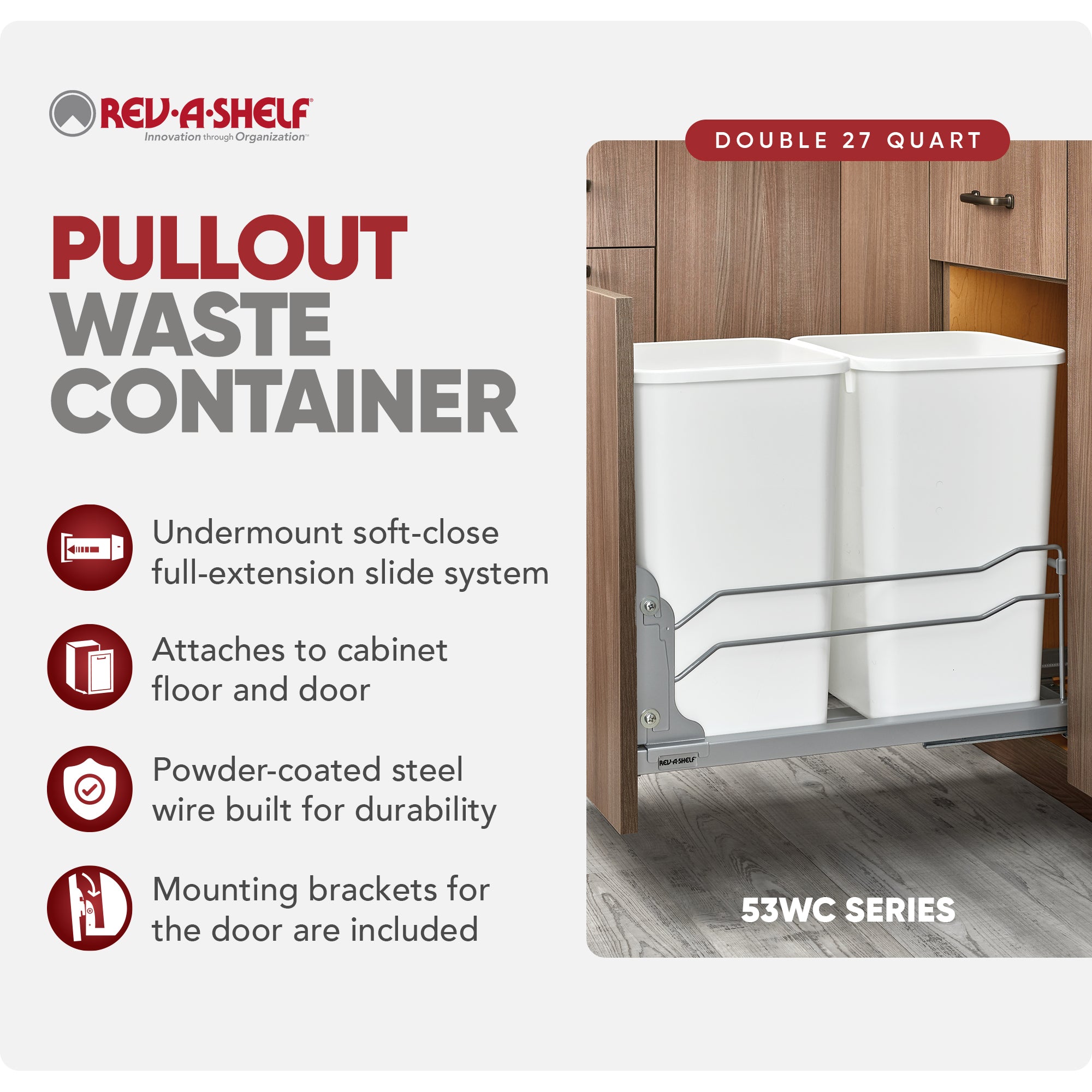 Rev-A-Shelf Double Pullout Trash Can 27 qt. w/ Soft-close, 53WC-1527SCDM-211