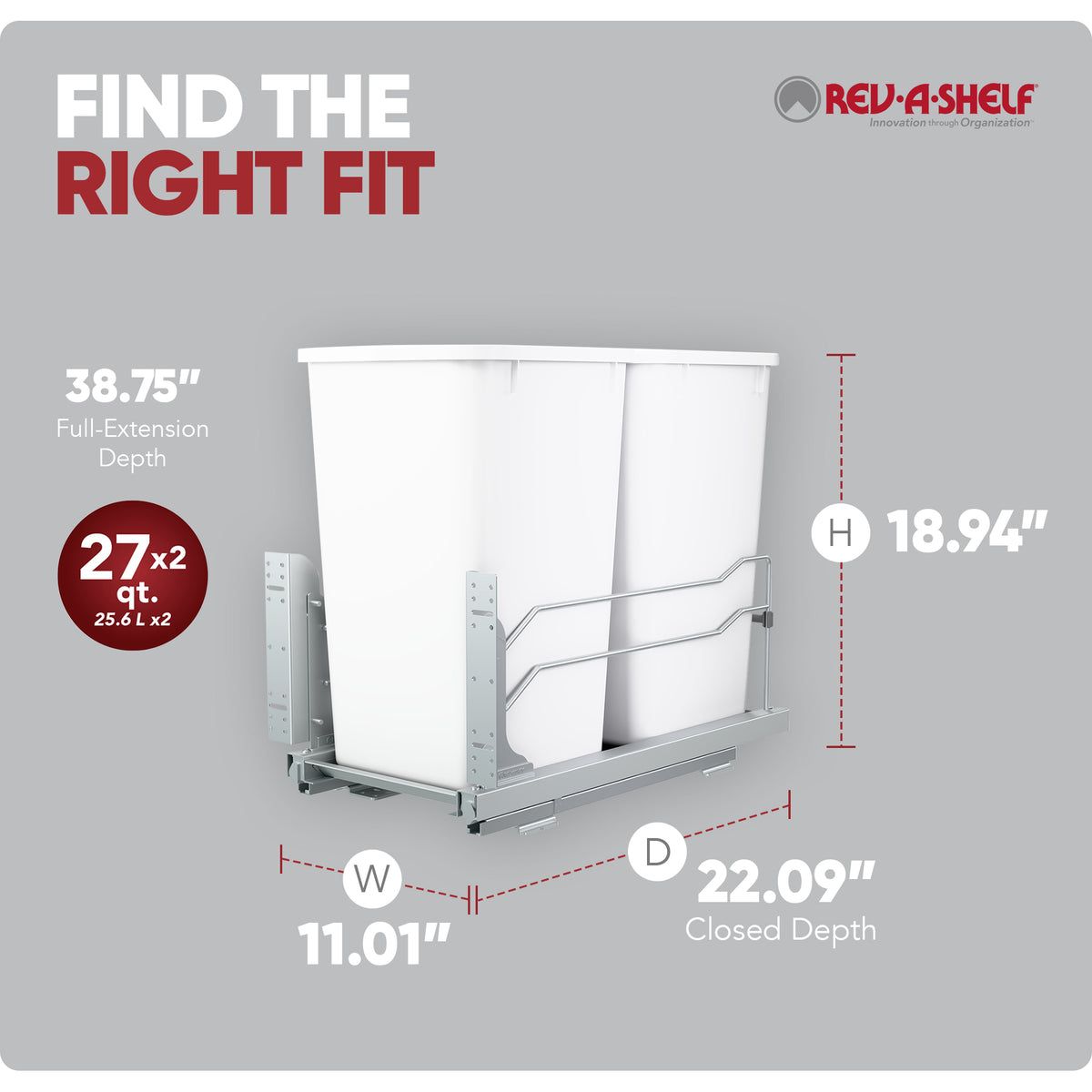 Rev-A-Shelf Double Pullout Trash Can 27 qt. w/ Soft-close, 53WC-1527SCDM-211