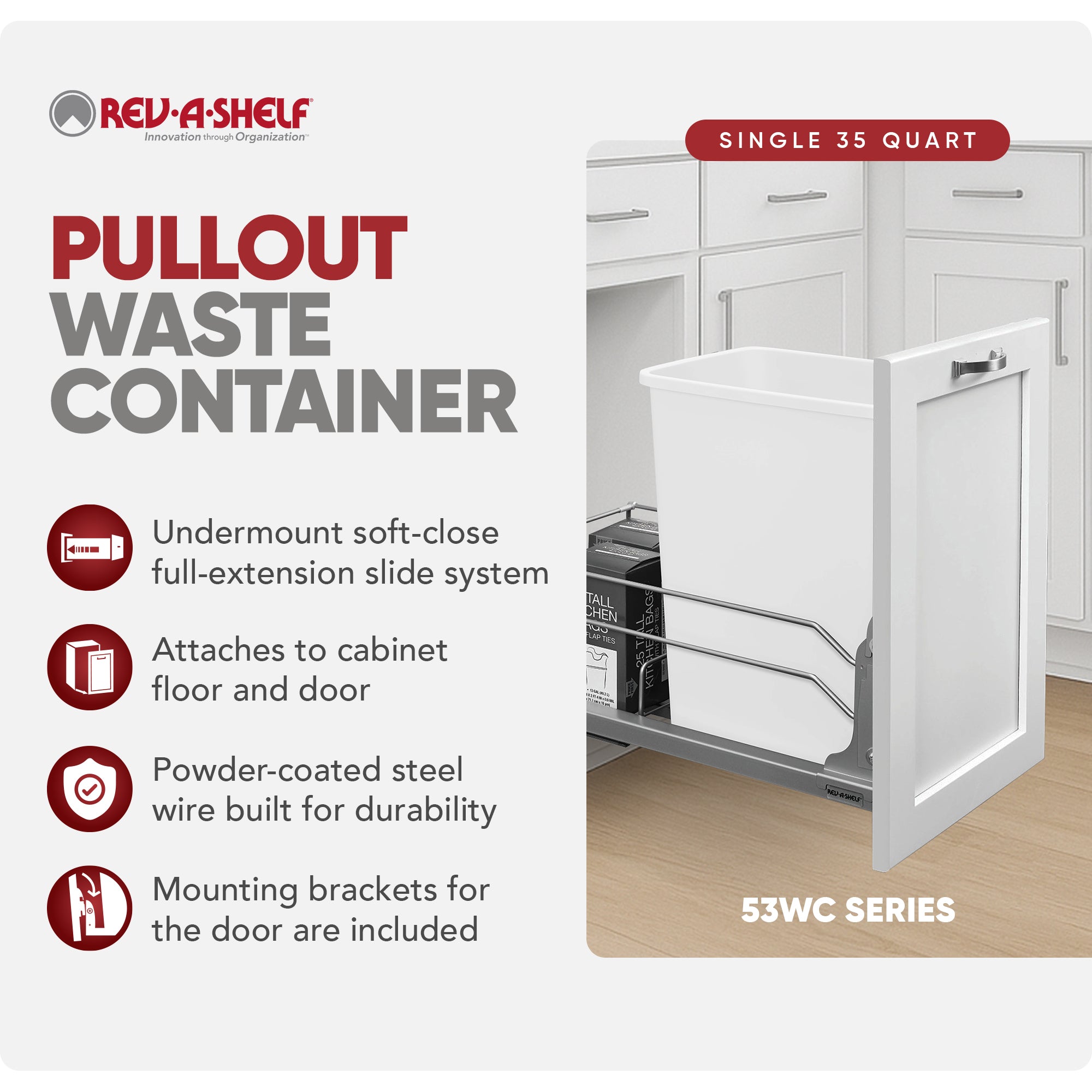 Rev-A-Shelf Pullout Kitchen Trash Can 35 qt. with Soft-close, 53WC-1535SCDM-111