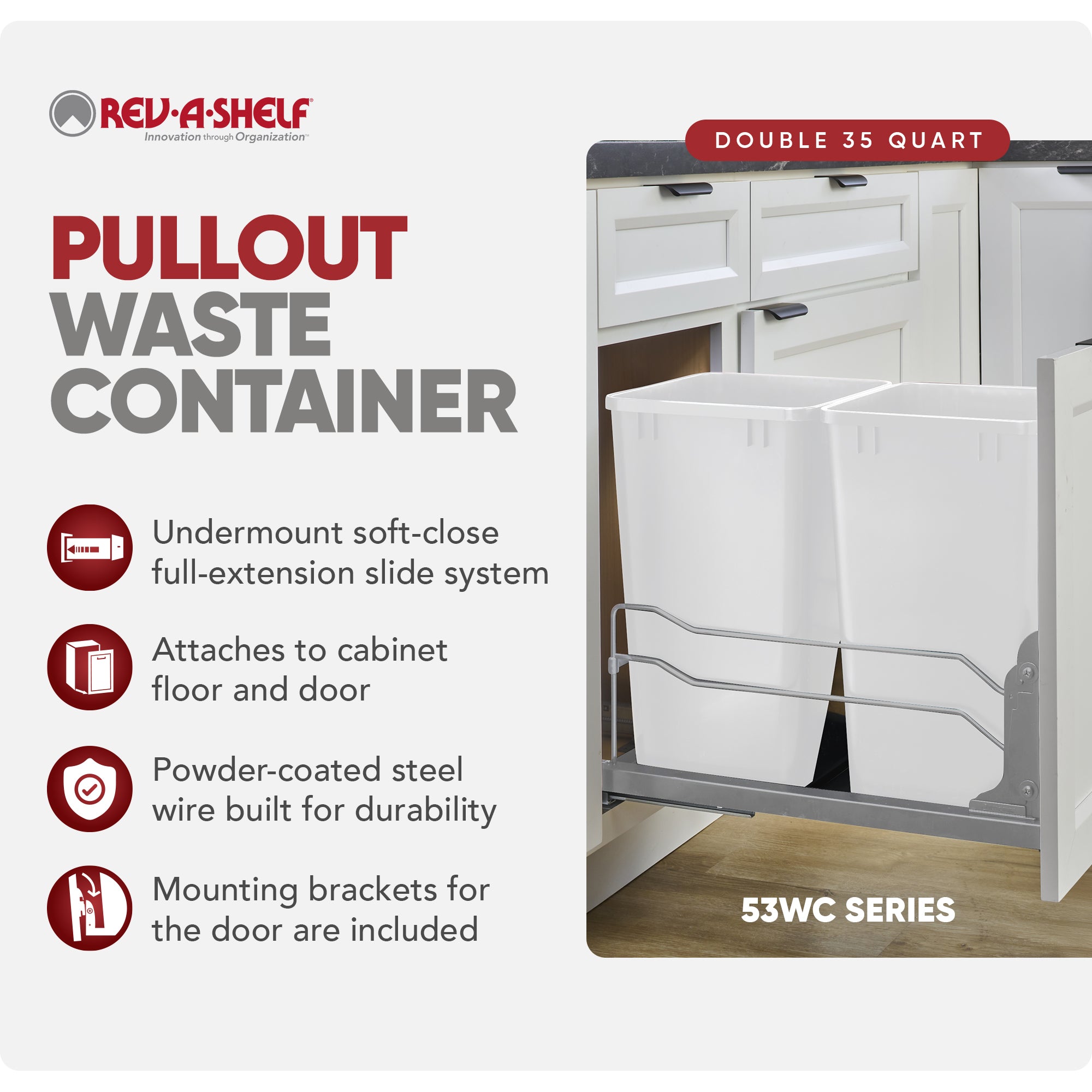 Rev-A-Shelf Double Pullout Trash Cans 35 qt. with Soft-close, 53WC-1835SCDM-211 - VMInnovations