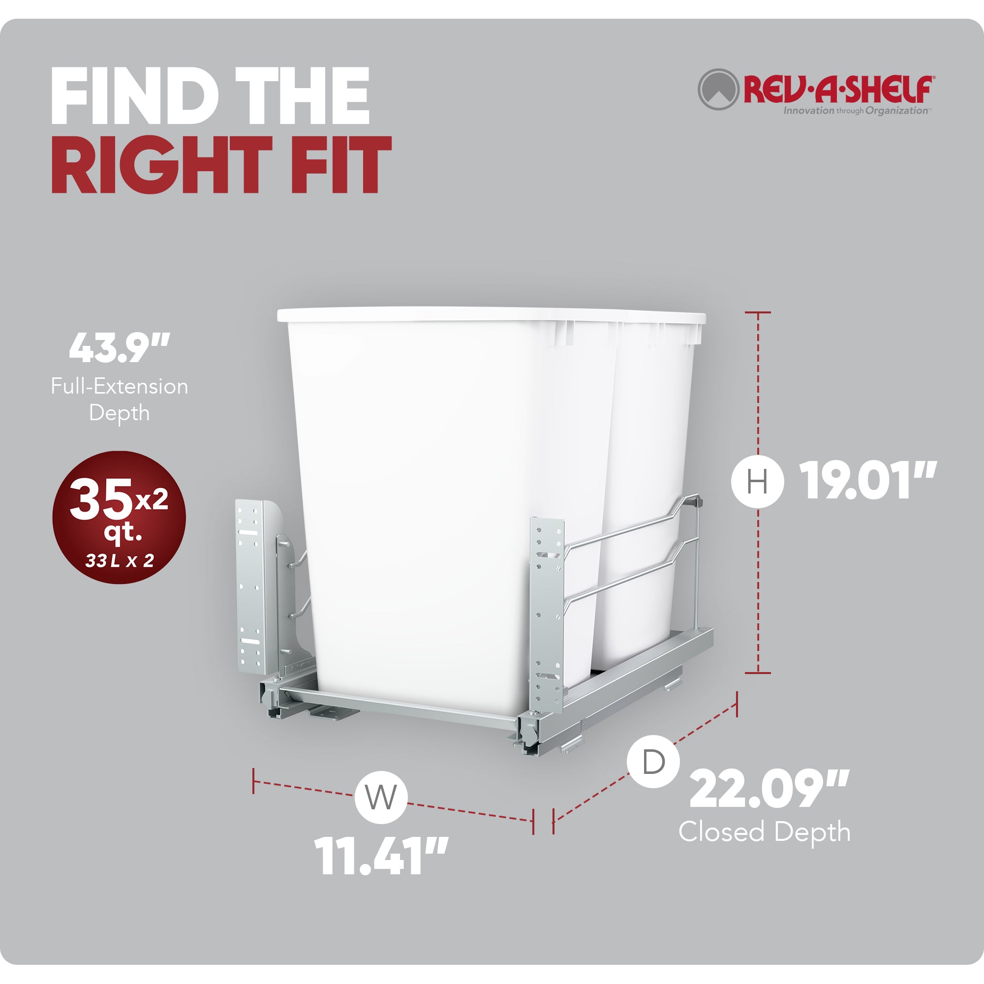 Rev-A-Shelf Double Pullout Trash Cans 35 qt. with Soft-close, 53WC-1835SCDM-211 - VMInnovations