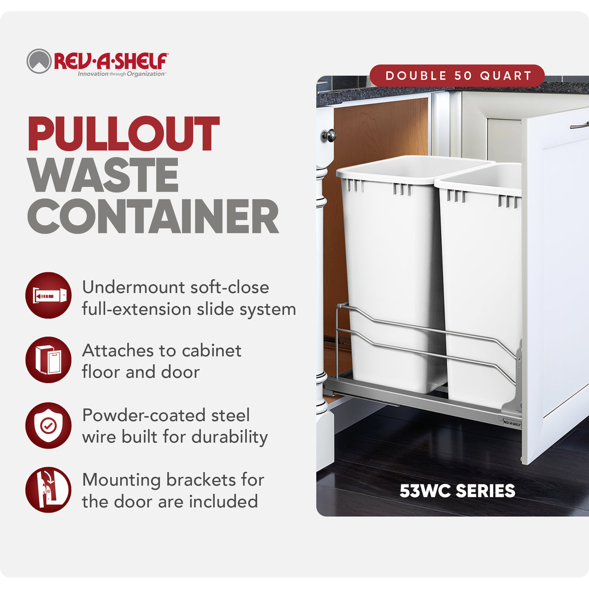 Rev-A-Shelf Double Pullout Trash Cans 50 qt. with Soft-close, 53WC-2150SCDM-211