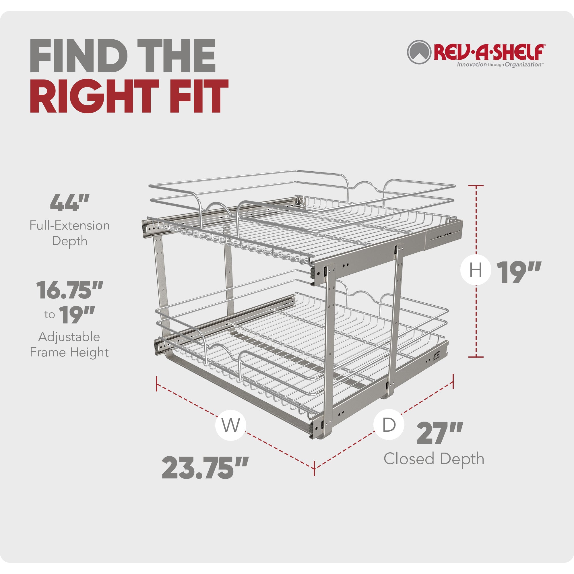 Rev-A-Shelf Pullout 2-Tier Basket Organizer for Kitchen or Vanity Cabinets, 24 x 22 In, 5WB2-2422-CR-1