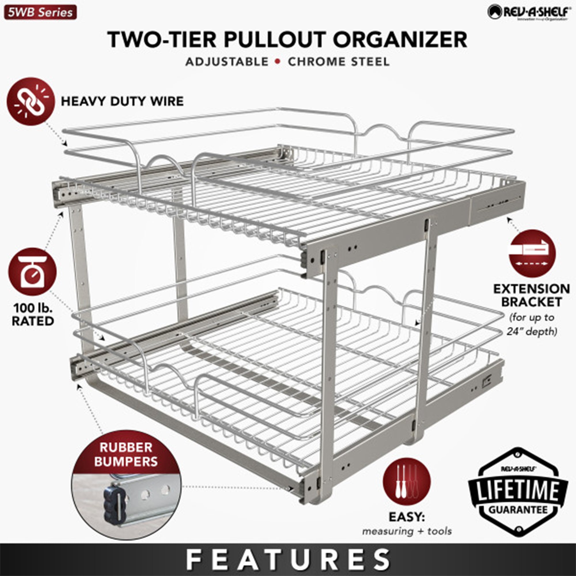 Rev-A-Shelf Pullout 2-Tier Basket Organizer for Kitchen or Vanity Cabinets, 24 x 22 In, 5WB2-2422-CR-1