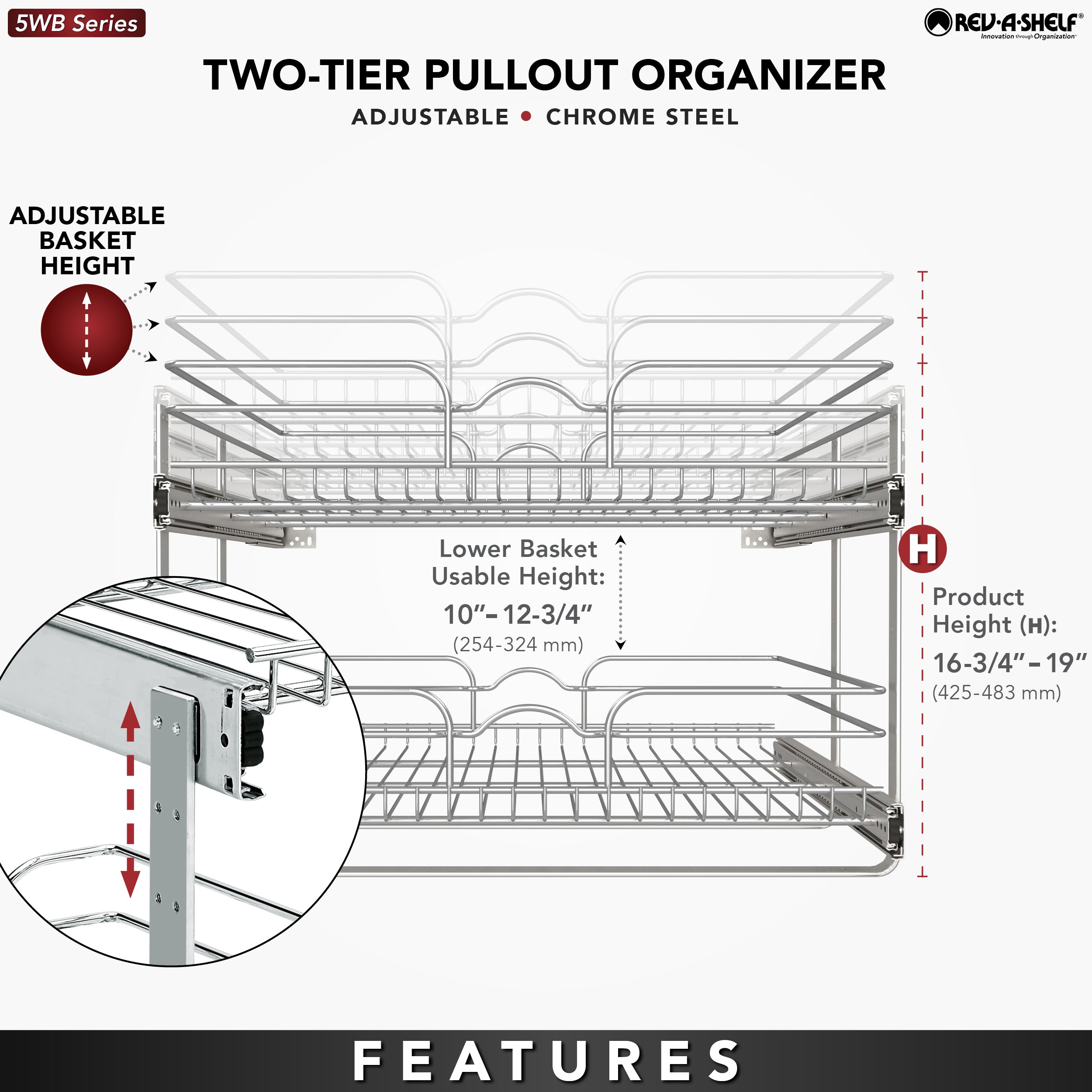 Rev-A-Shelf Pullout 2-Tier Basket Organizer for Kitchen or Vanity Cabinets, 24 x 22 In, 5WB2-2422-CR-1