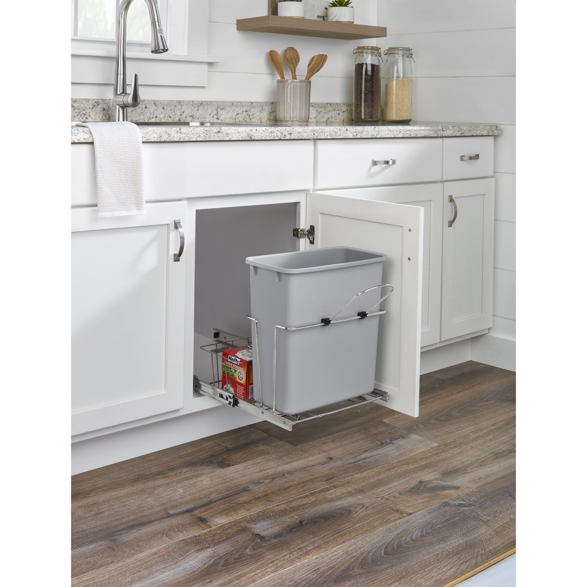Rev-A-Shelf 20 qt. Universal Waste Container with Rear Basket, RUKD-1420RB-1