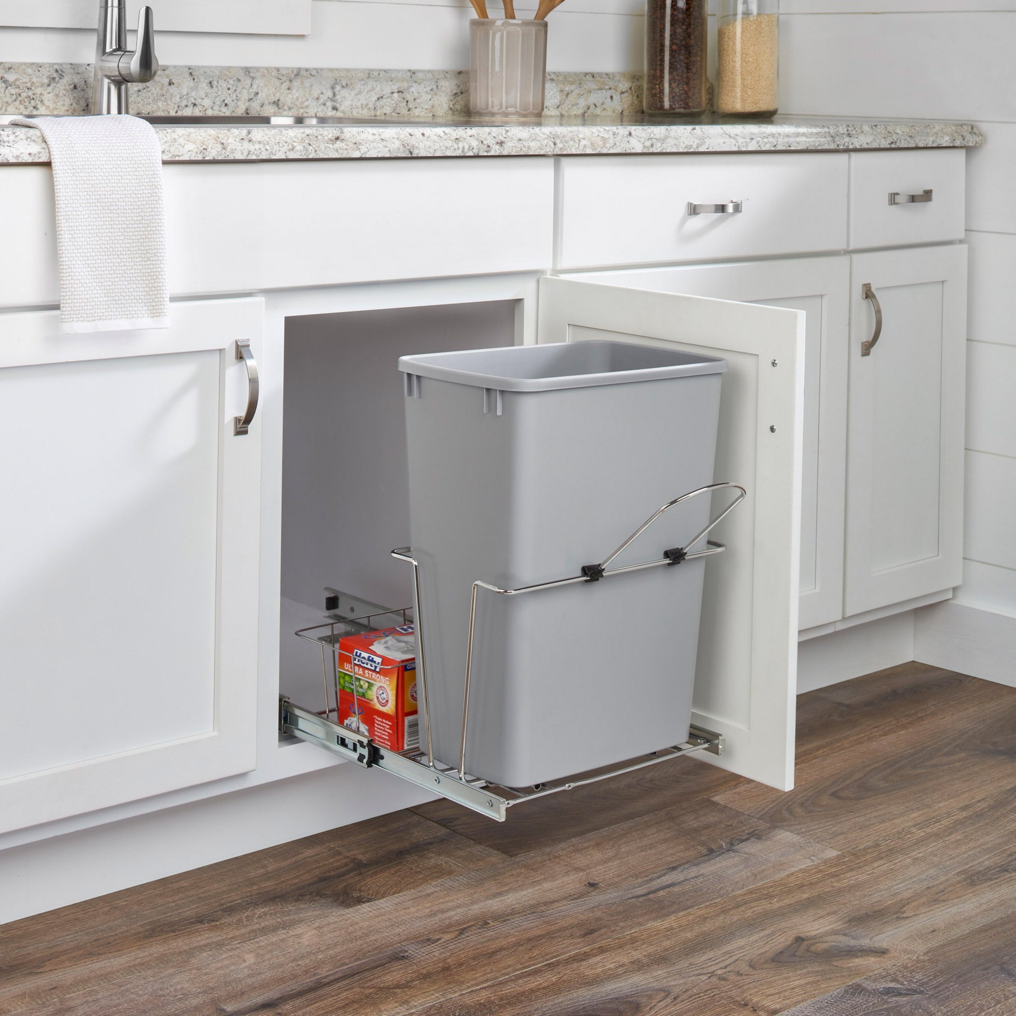 Rev-A-Shelf 32 qt. Universal Waste Container with Rear Basket, RUKD-1432RB-1 - VMInnovations