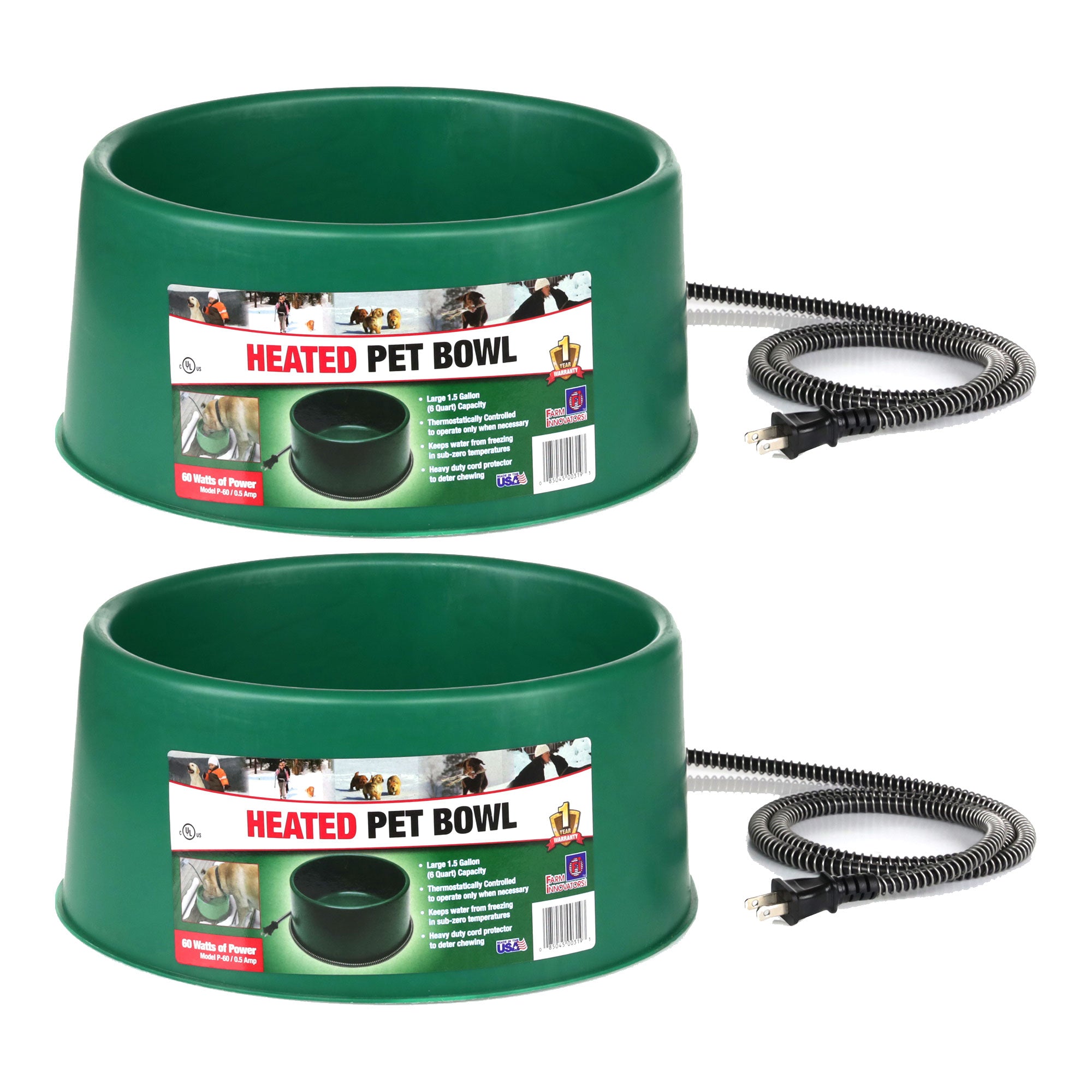 Farm Innovators P-60 1.5 Gallon Electric Heated Pet Water Bowl, 60 Watt, 2 Pack - VMInnovations