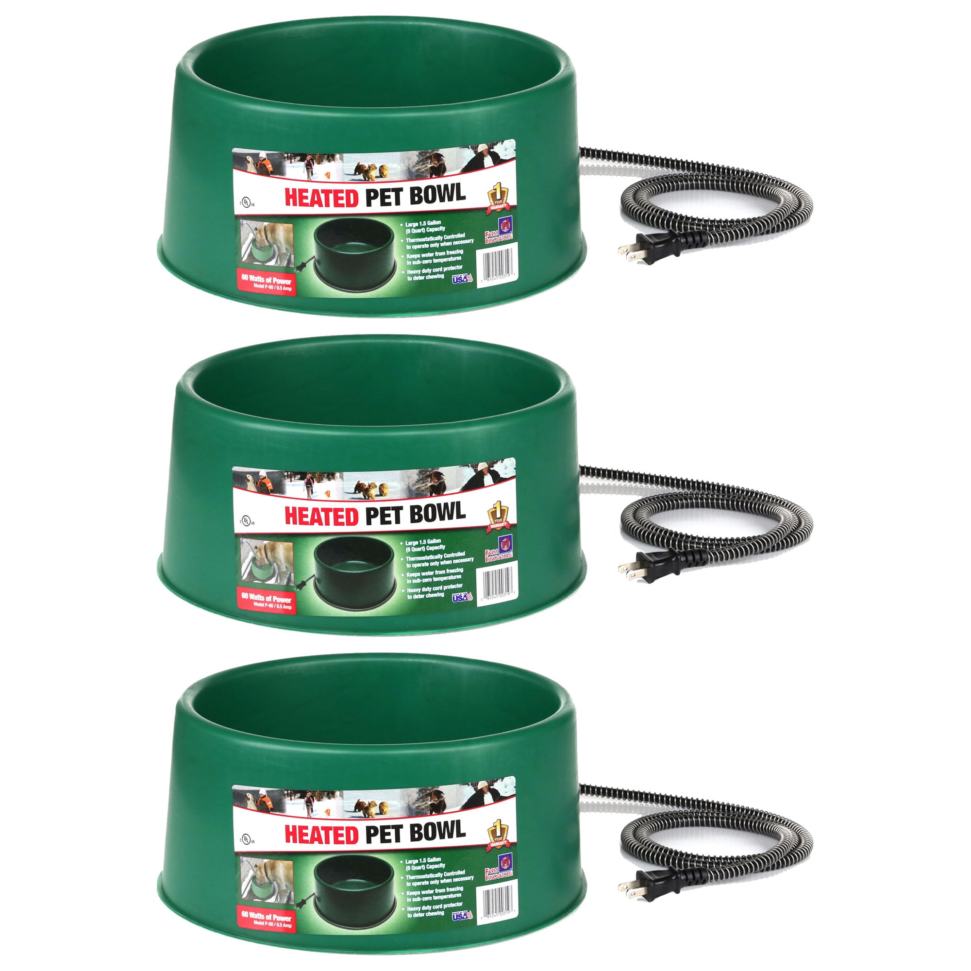 Farm Innovators P-60 1.5 Gallon Electric Heated Pet Water Bowl, 60 Watt, 3 Pack - VMInnovations