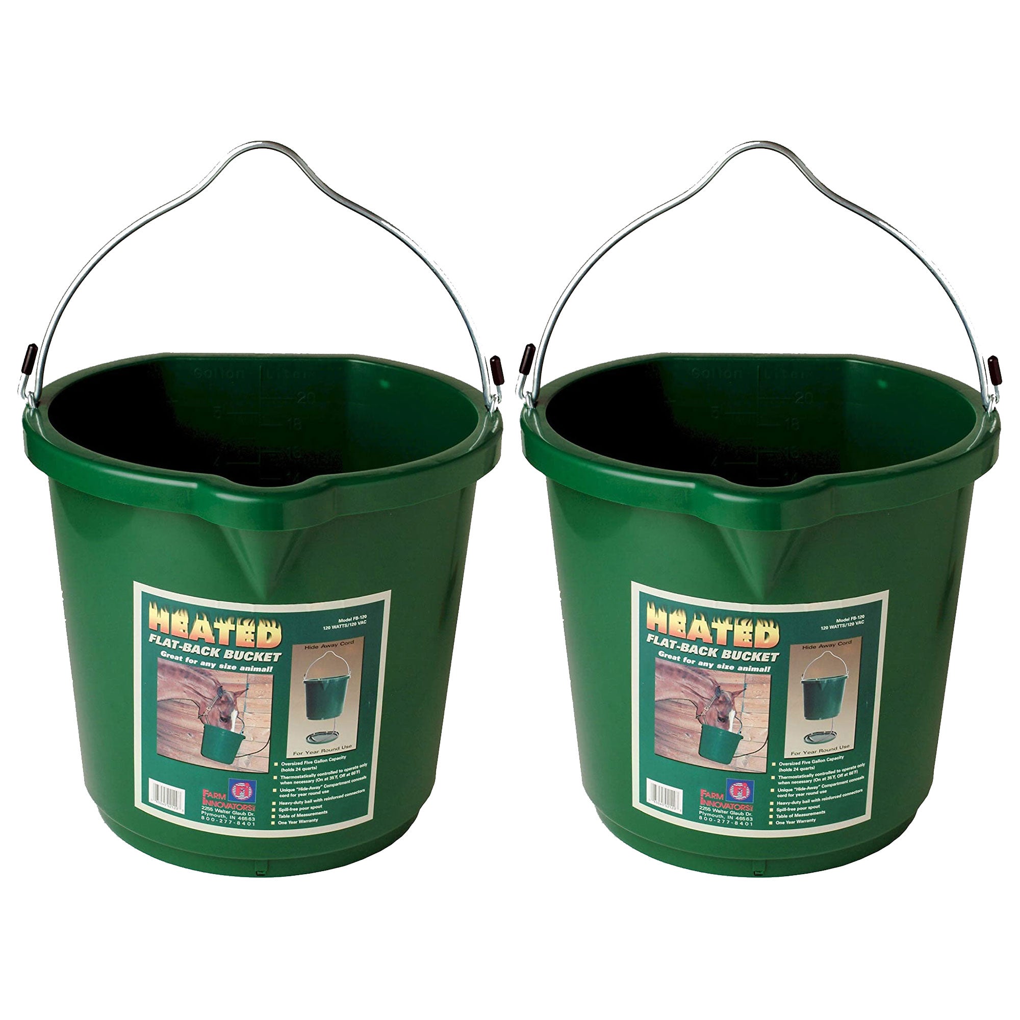 Farm Innovators FB-120 120-Watt Flat-Back Heated Water Bucket for Farm Animals, Green, 5 Gallons, Pack of 2 - VMInnovations