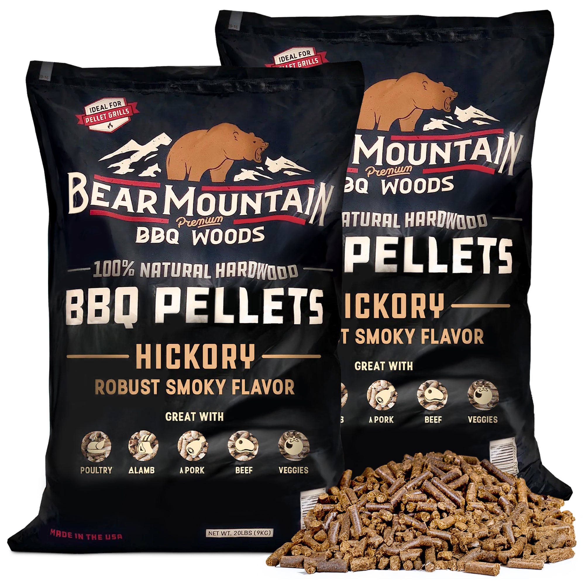 Bear Mountain BBQ All-Natural Hardwood Hickory Smoker Pellets, 20 Lb (2 Pack)