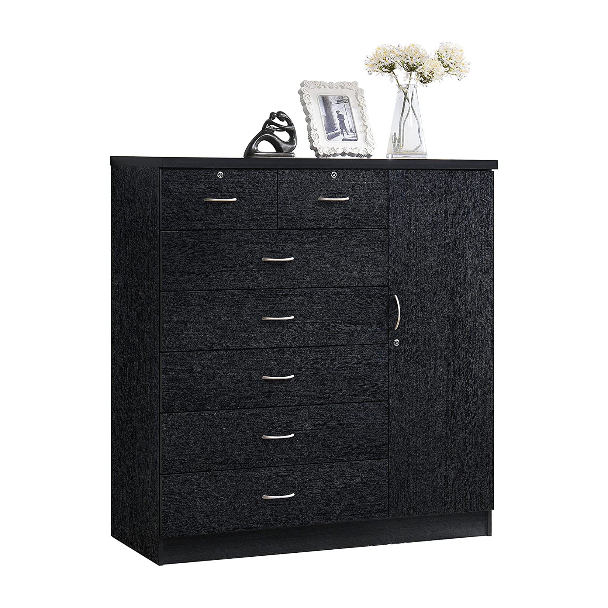 Hodedah Import Jumbo Chest of 7 Drawers with 2 Locks and Hanging Rod, Black