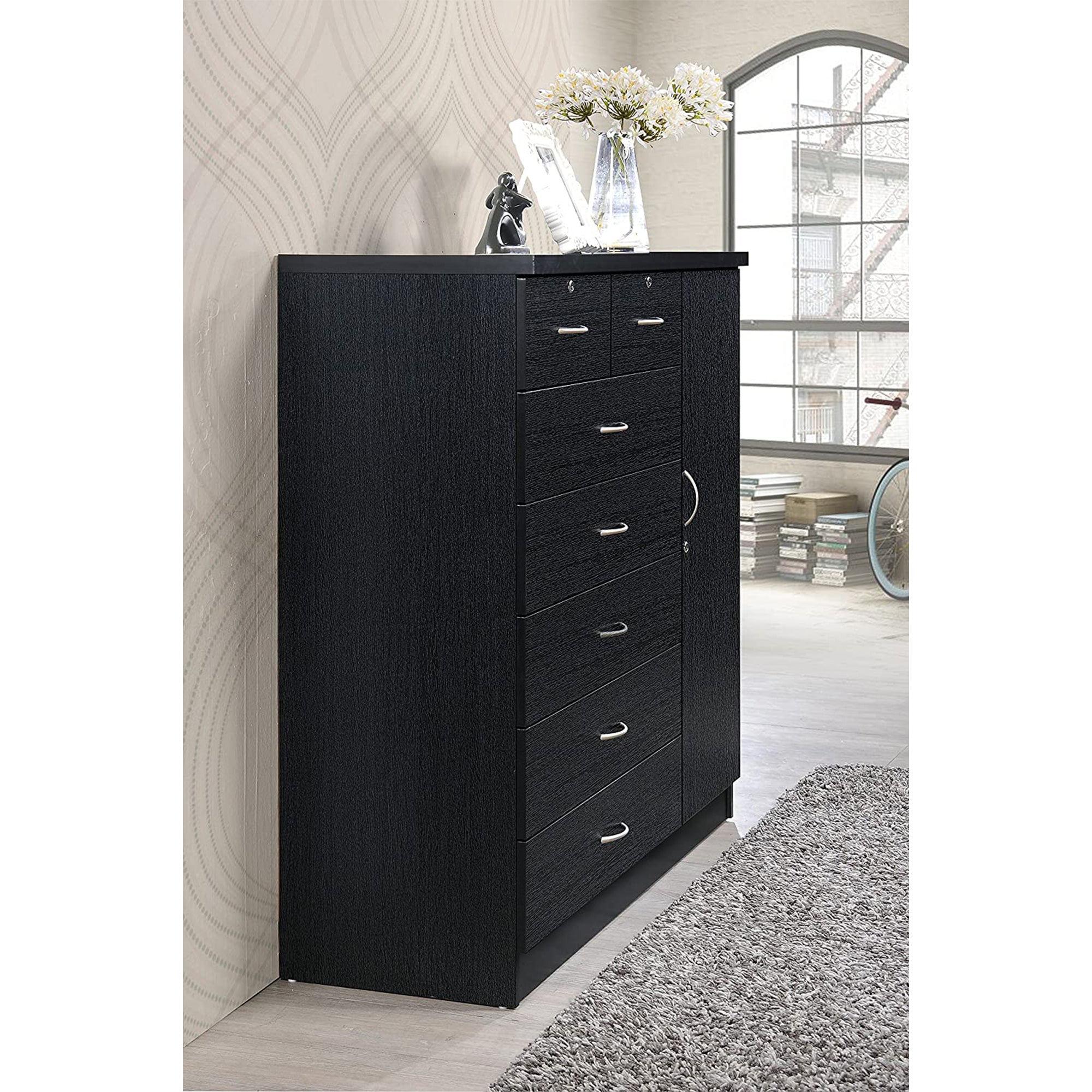 Hodedah Import Jumbo Chest of 7 Drawers with 2 Locks and Hanging Rod, Black