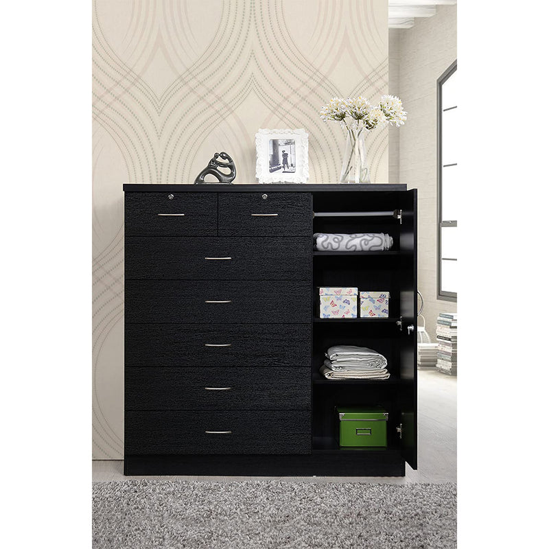 Hodedah Import Jumbo Chest of 7 Drawers with 2 Locks and Hanging Rod, Black