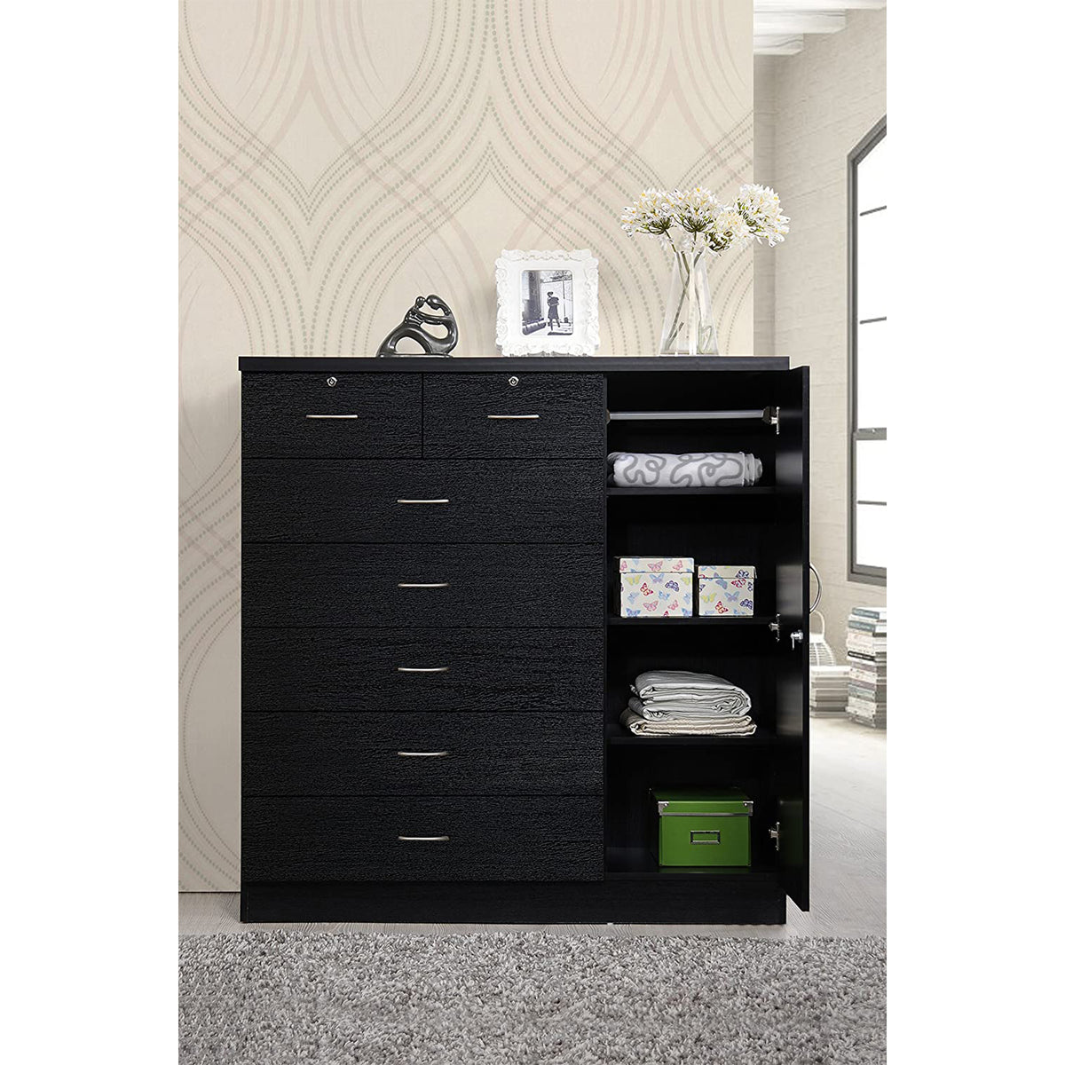 Hodedah Import Jumbo Chest of 7 Drawers with 2 Locks and Hanging Rod, Black (Refurbished)
