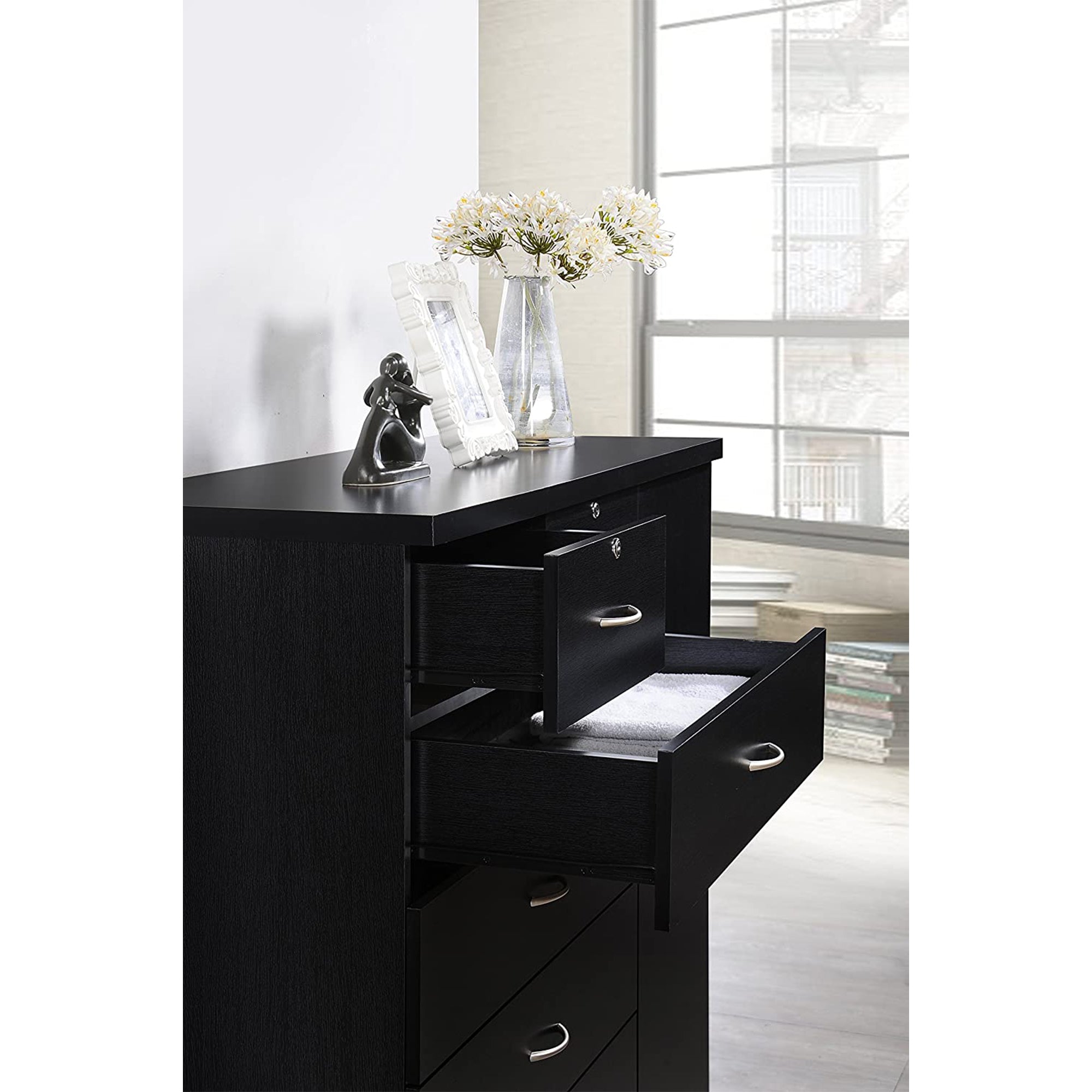 Hodedah Import Jumbo Chest of 7 Drawers with 2 Locks and Hanging Rod, Black