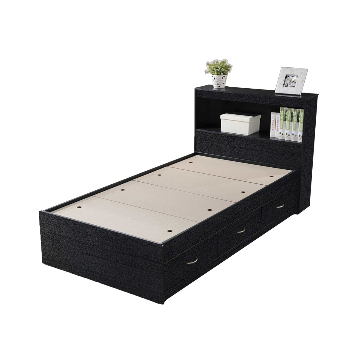 Hodedah Captain Bed with 3 Storage Drawers and Bookcase Headboard, Twin, Black