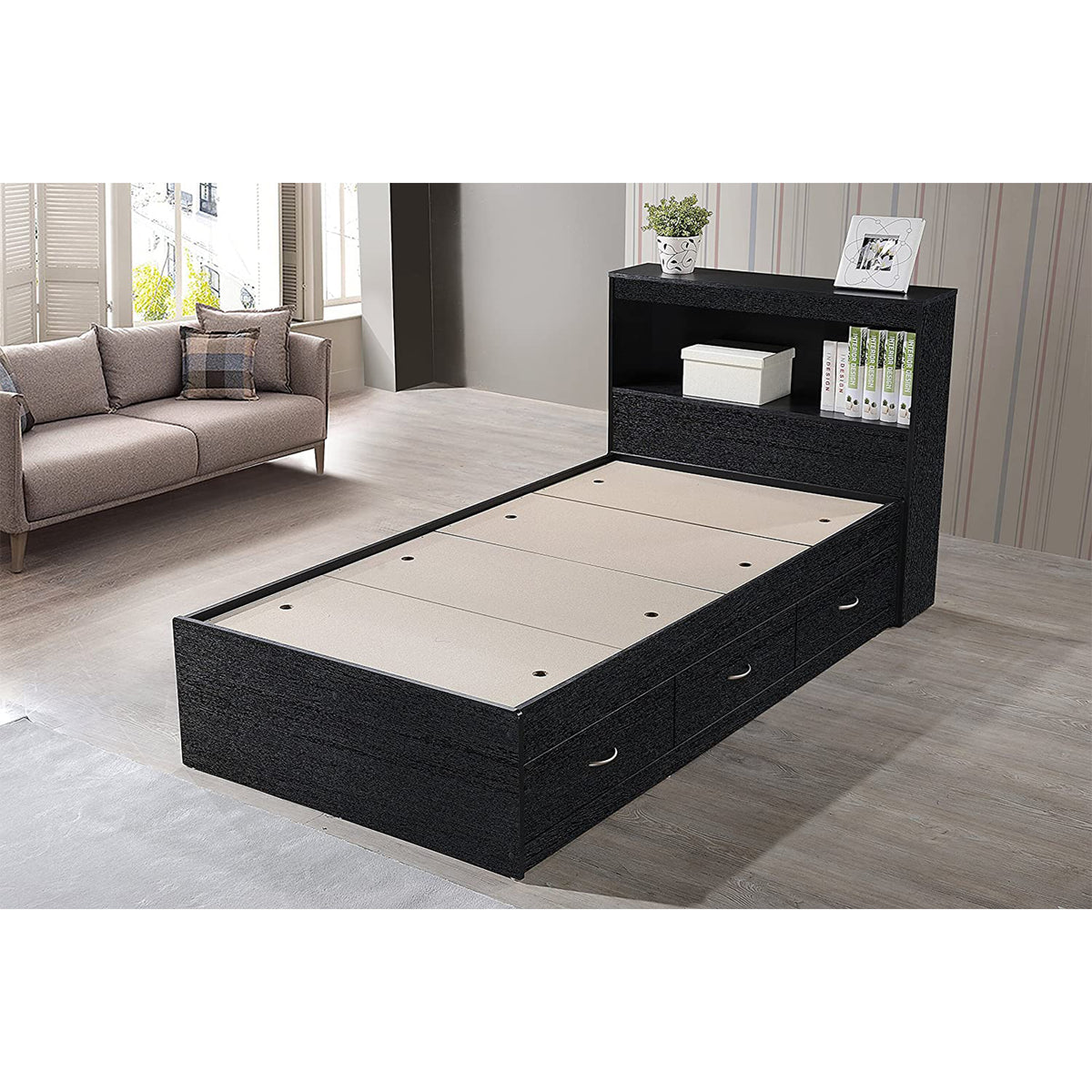 Hodedah Captain Bed with 3 Storage Drawers and Bookcase Headboard, Twin, Black