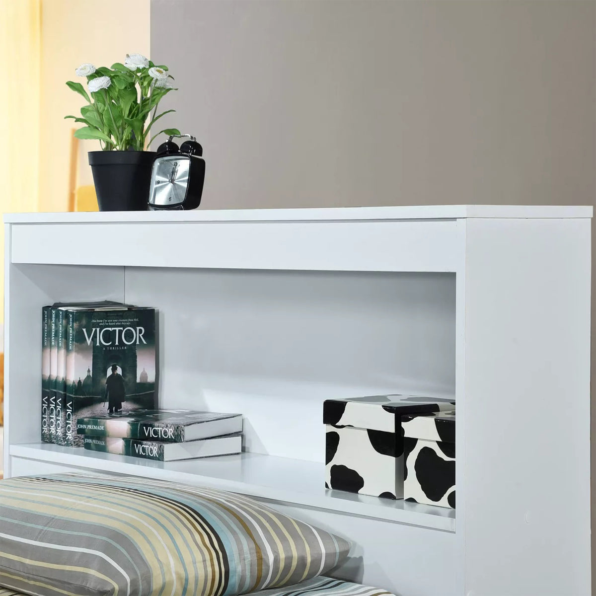 Hodedah Captain Bed with 3 Storage Drawers and Bookcase Headboard, Twin, White