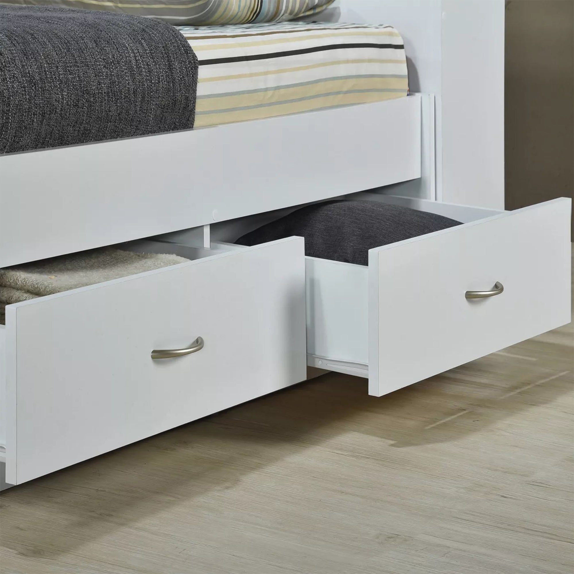 Hodedah Captain Bed with 3 Storage Drawers and Bookcase Headboard, Twin, White