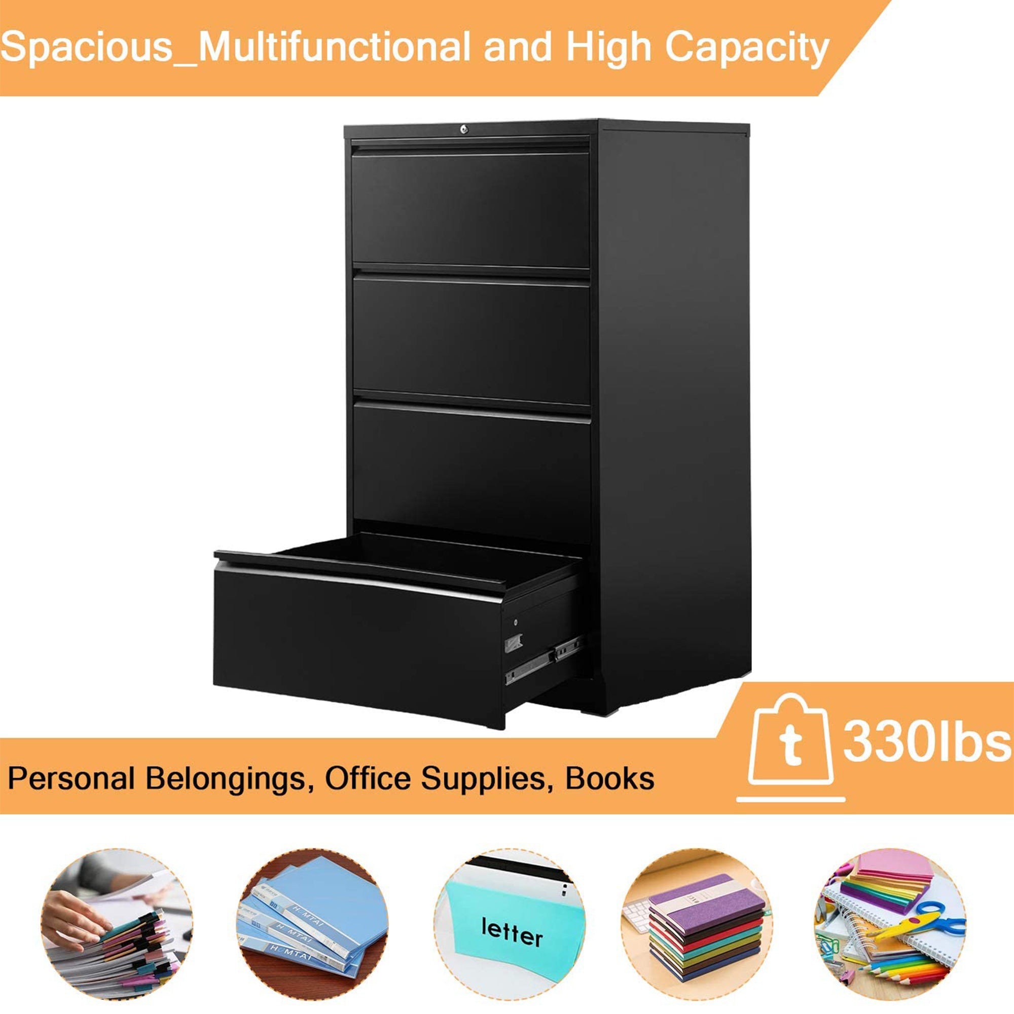 AOBABO 4 Drawer Lateral File Cabinet w/ Lock, Black (For Parts) - VMInnovations