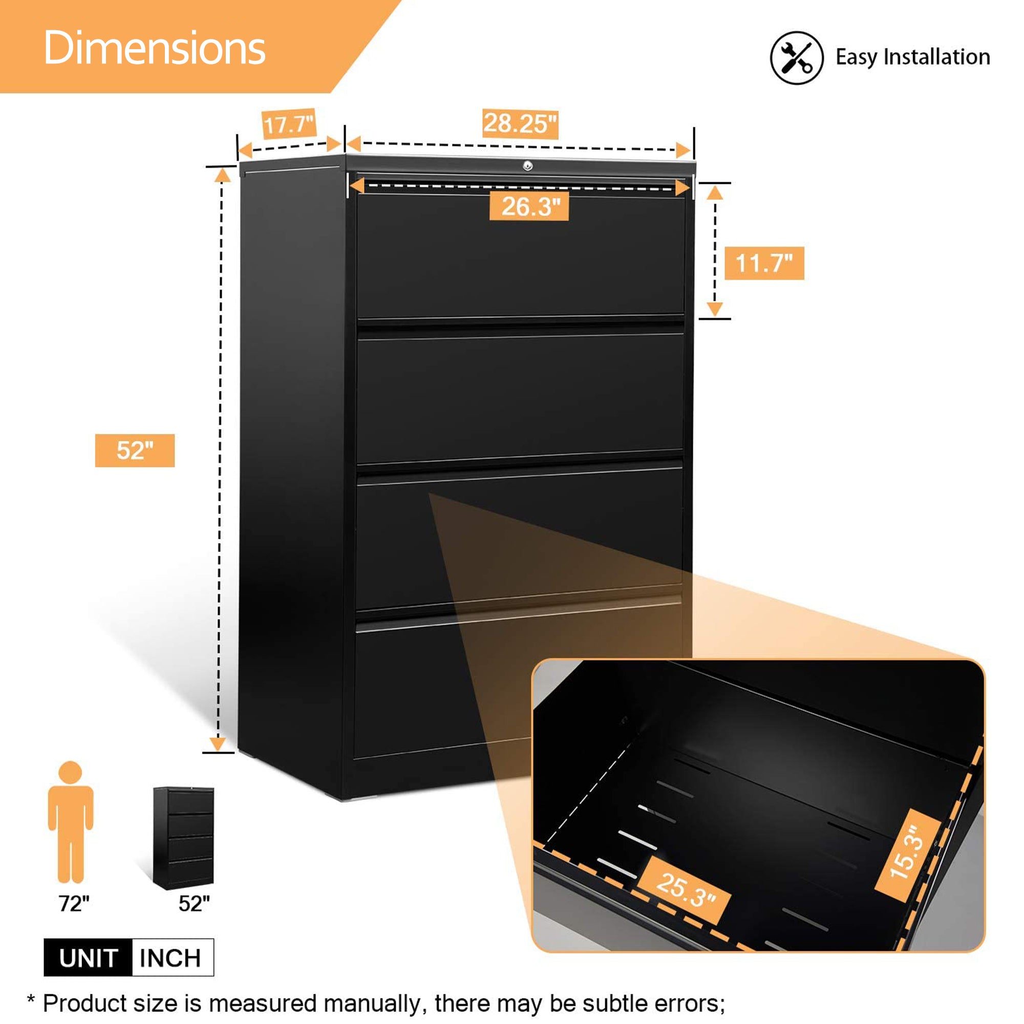 AOBABO 4 Drawer Lateral File Cabinet w/ Lock for Letter/Legal Size Paper, Black (Open Box)