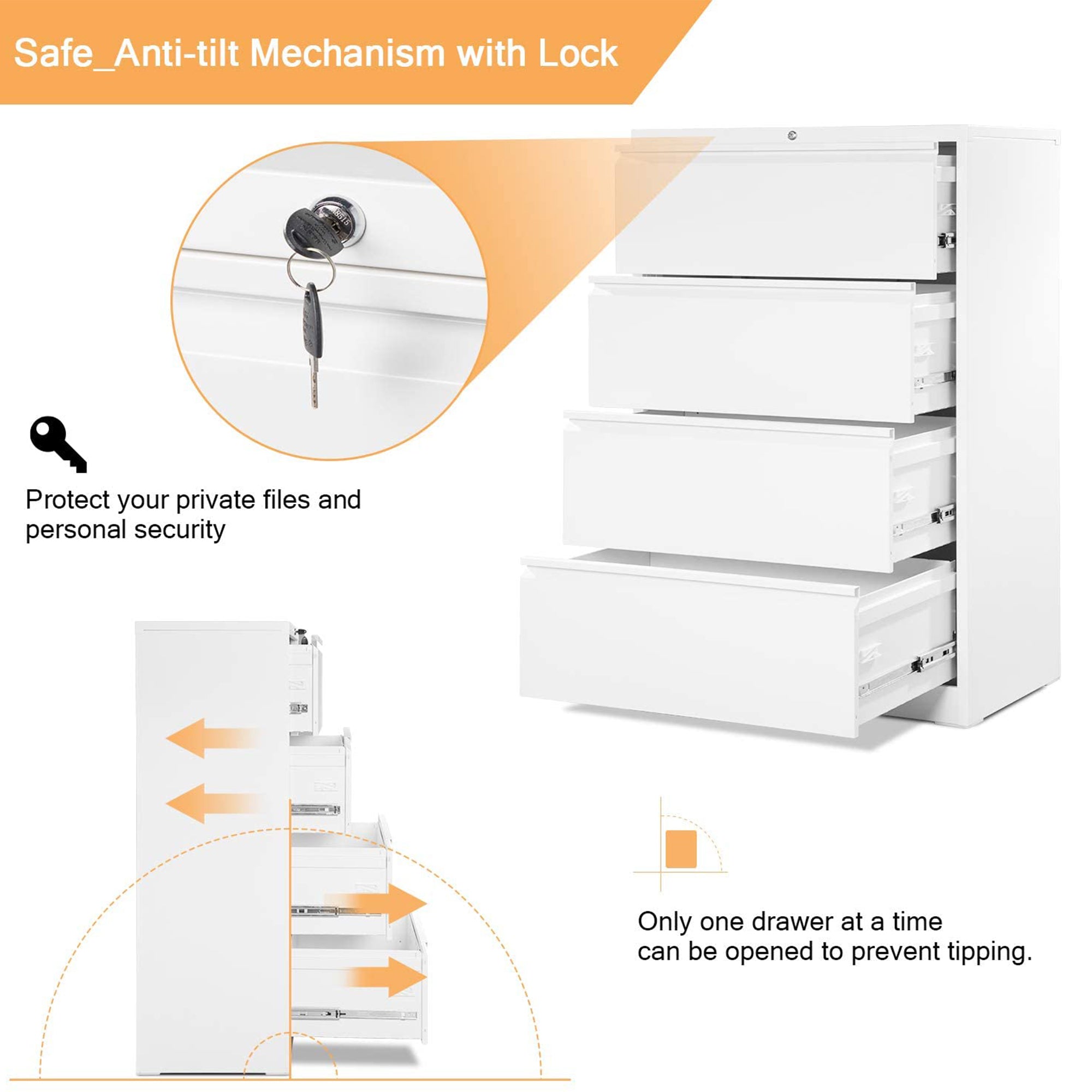 AOBABO 4 Drawer Lateral File Cabinet with Lock for Office and Home Use, White