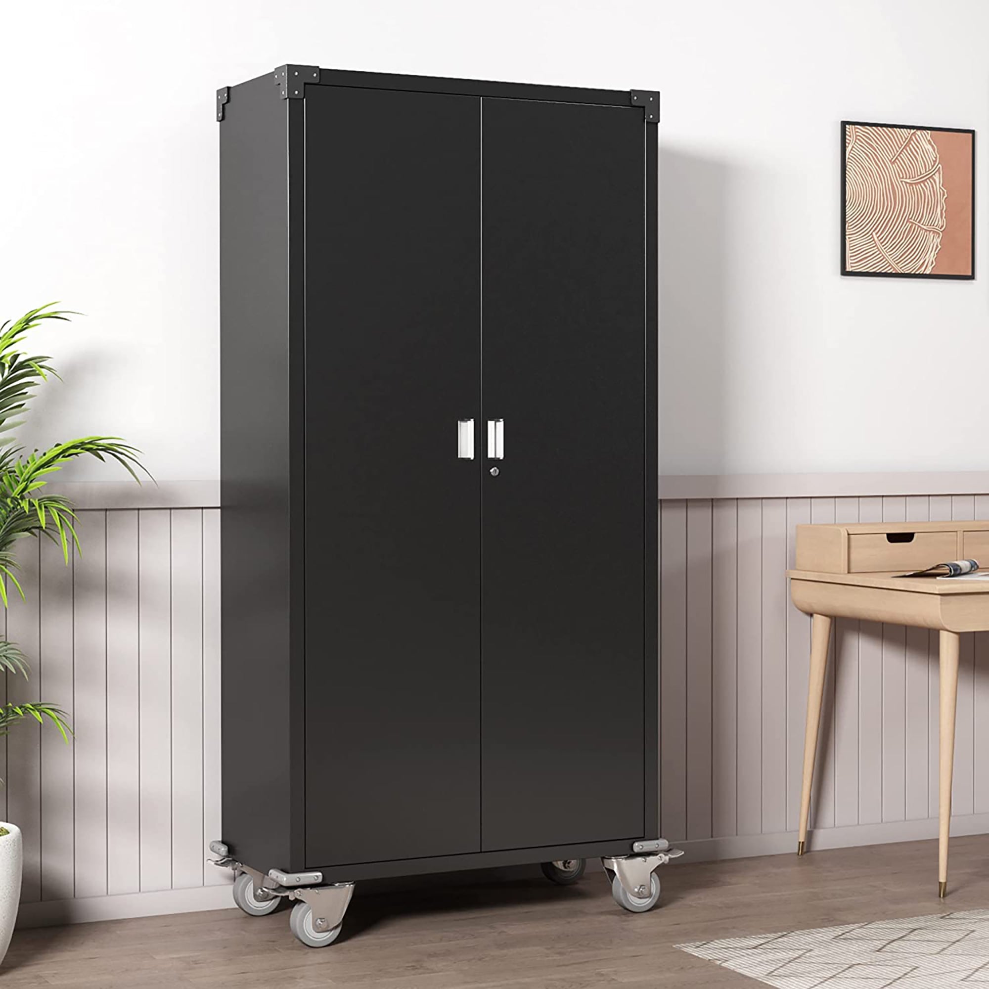 Aobabo 72 Inch Rolling Locking Storage Cabinet with Adjustable Shelves, Black