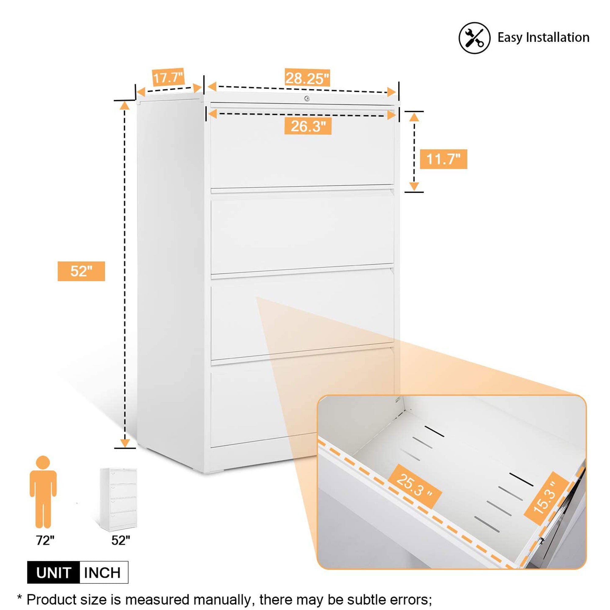 AOBABO 4 Drawer Lateral File Cabinet w/ Lock for Letter/Legal Size Paper, White