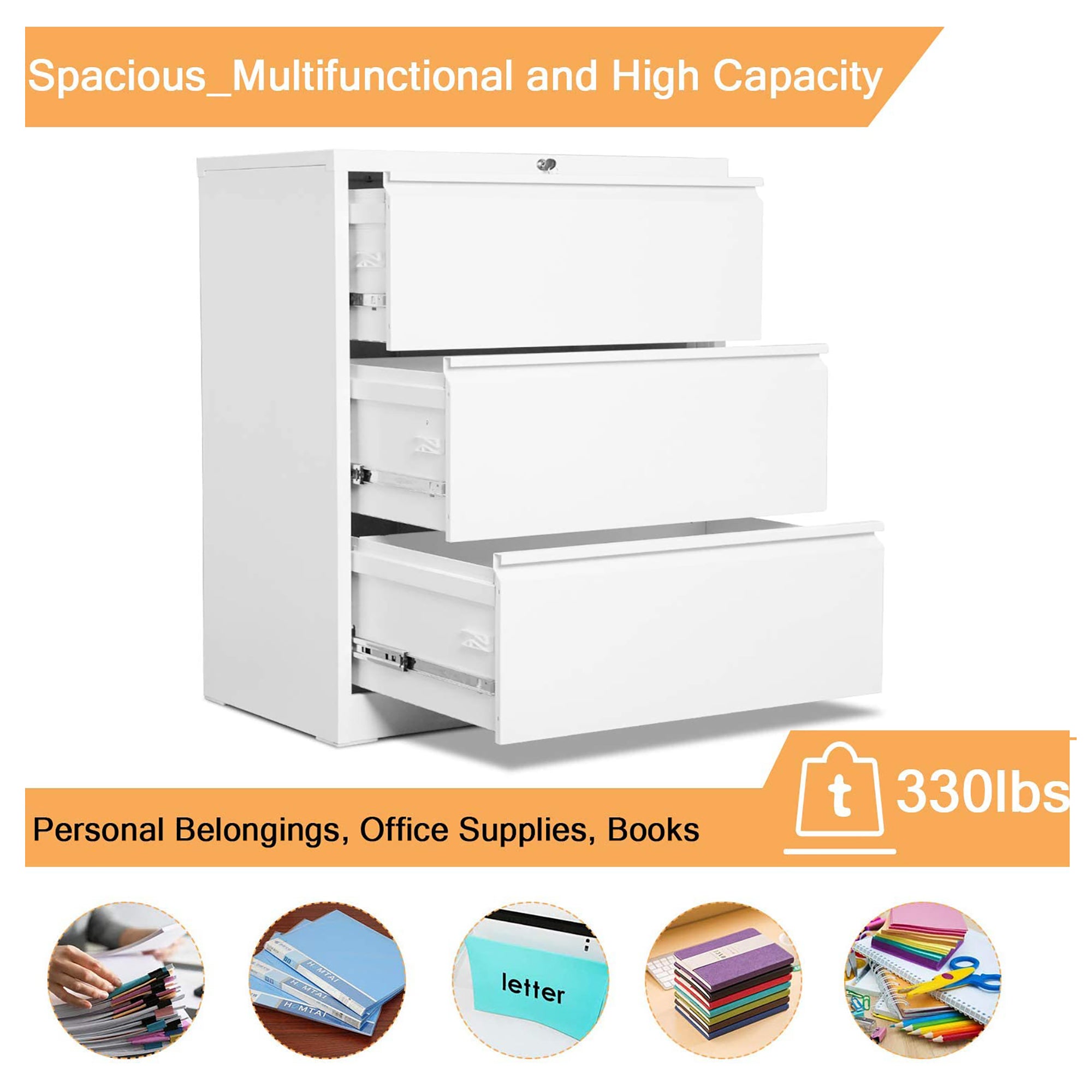AOBABO 3 Drawer Lateral File Cabinet with Lock for Letter Sized Paper, White - VMInnovations