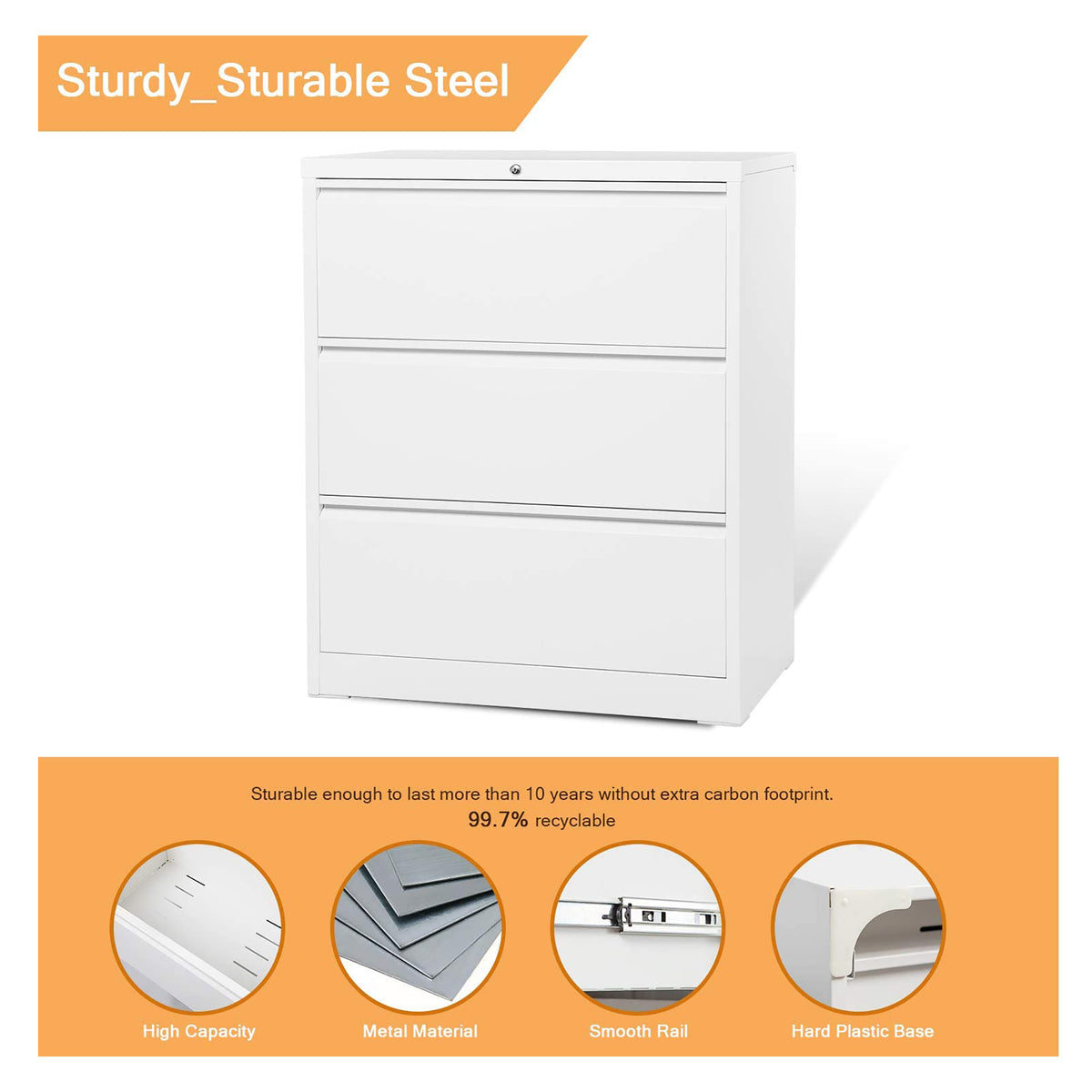AOBABO 3 Drawer Lateral File Cabinet with Lock for Letter Sized Paper, White