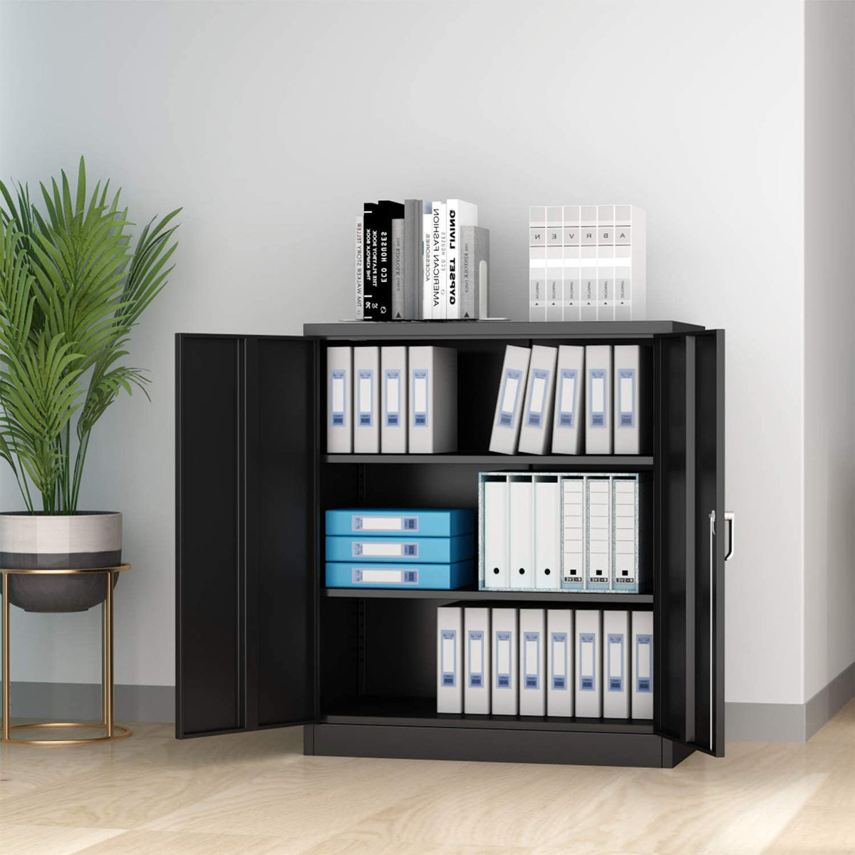 Aobabo 41.6 Inch Locking Metal Storage Cabinet with 2 Shelves, Black (Open Box)