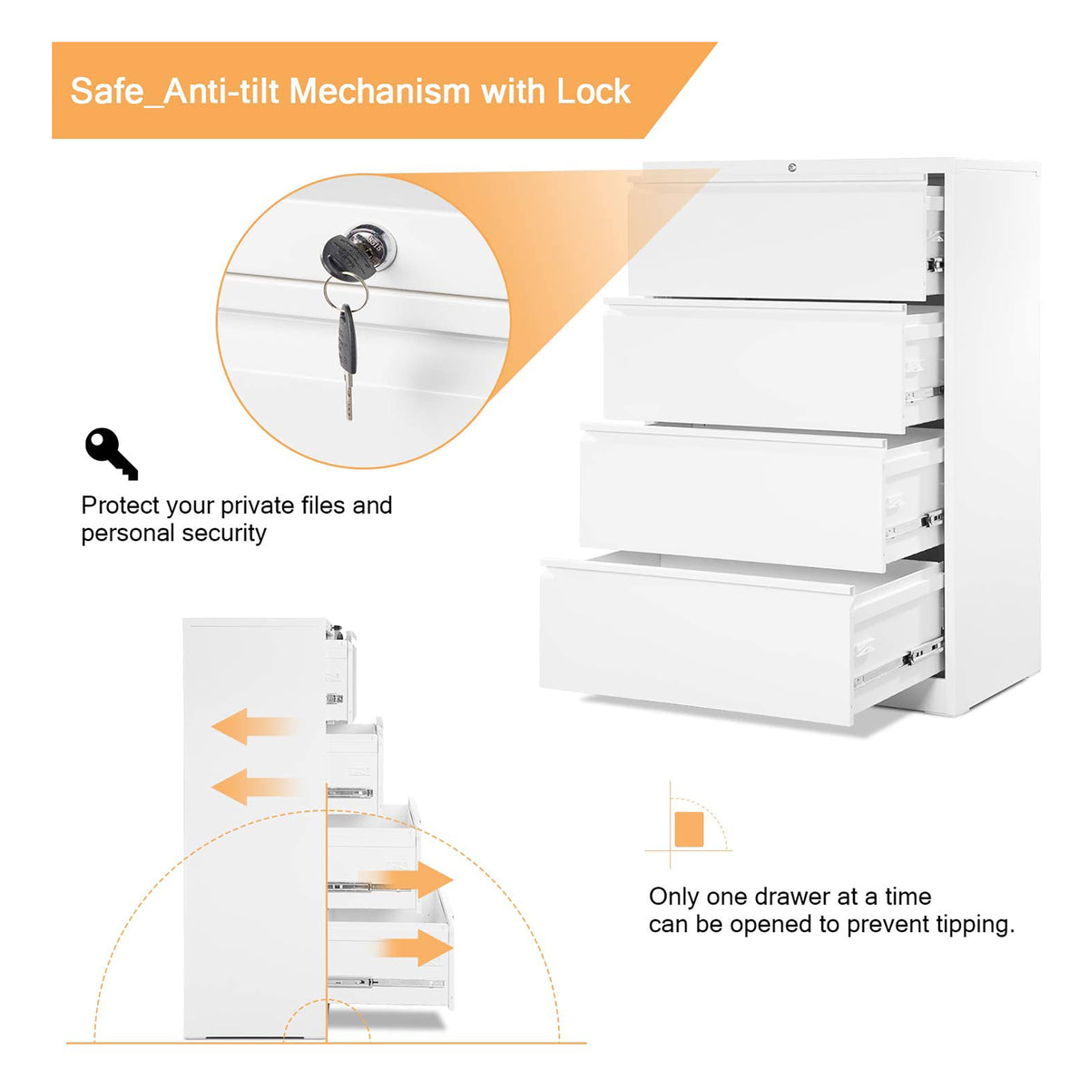 AOBABO 4 Drawer Lateral File Cabinet with Lock for Office and Home Use, White