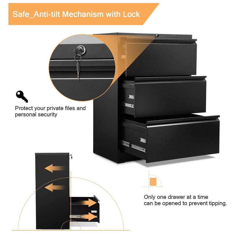 AOBABO 3 Drawer Lateral File Cabinet w/ Lock for Letter/Legal Size Paper, Black