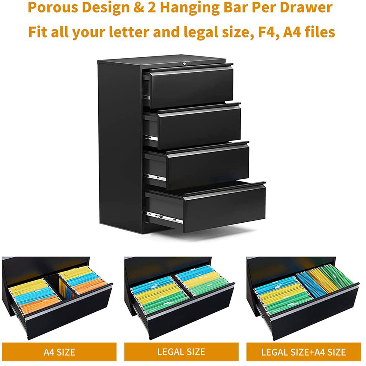 AOBABO 4 Drawer Lateral File Cabinet w/ Lock for Letter/Legal Size Paper, Black (Used)