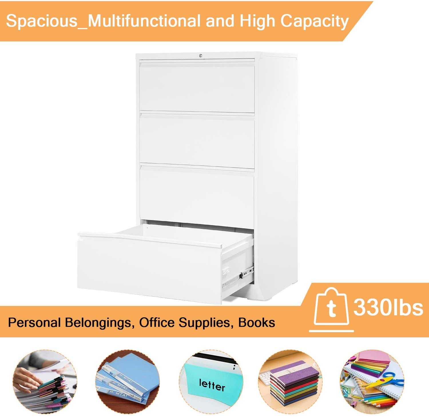 AOBABO 4 Drawer Lateral Cabinet w/ Lock for Letter/Legal Size Paper (Open Box)