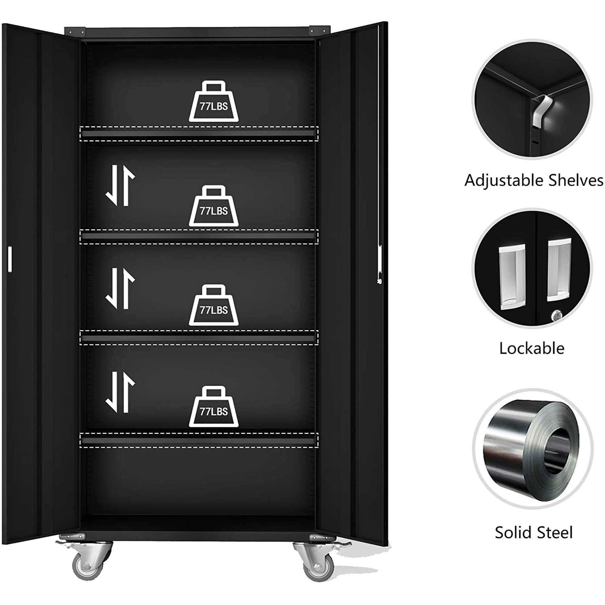 Aobabo 72 Inch Rolling Locking Storage Cabinet with Adjustable Shelves, Black (Used)
