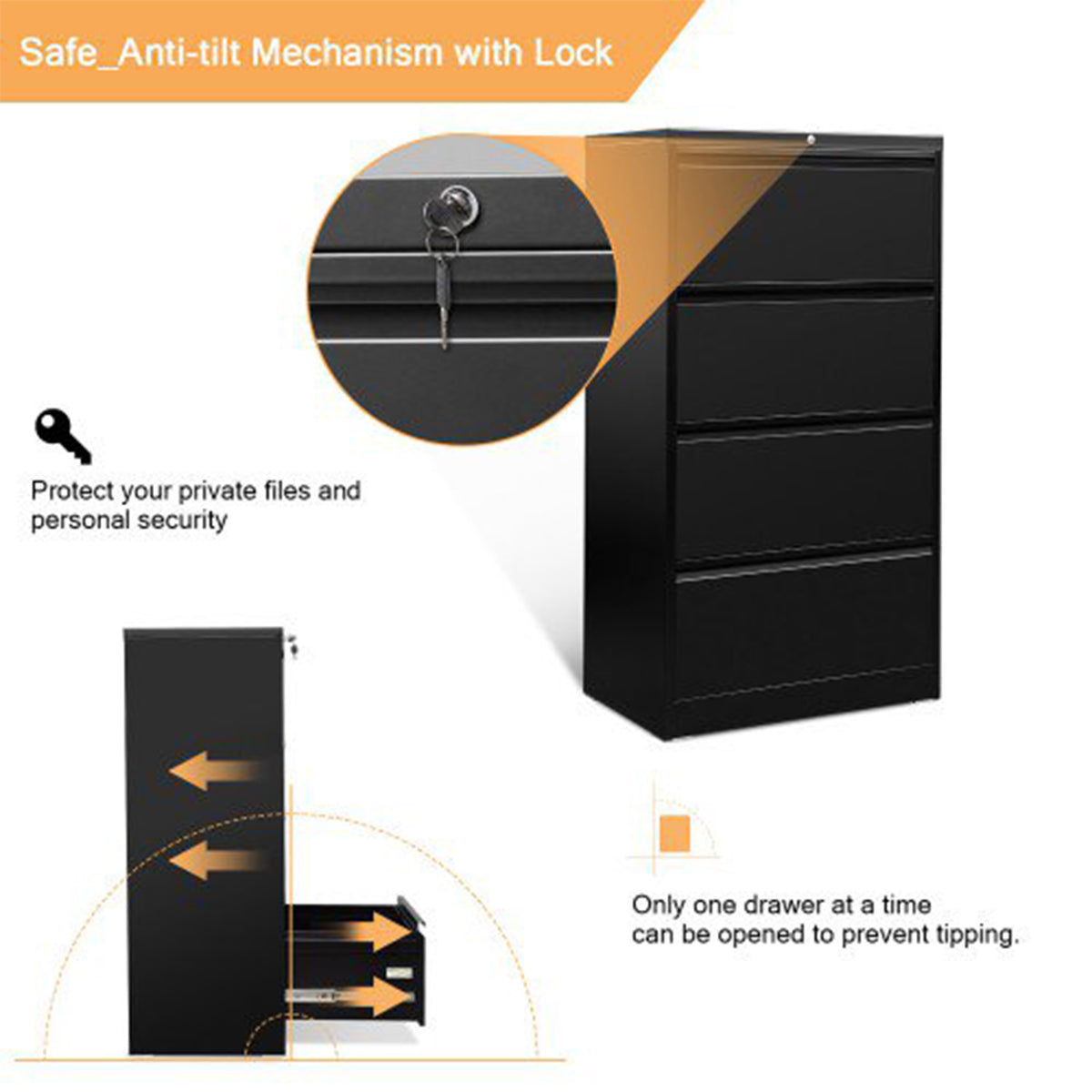 AOBABO 4 Drawer Lateral File Cabinet w/ Lock for Letter/Legal Size Paper, Black