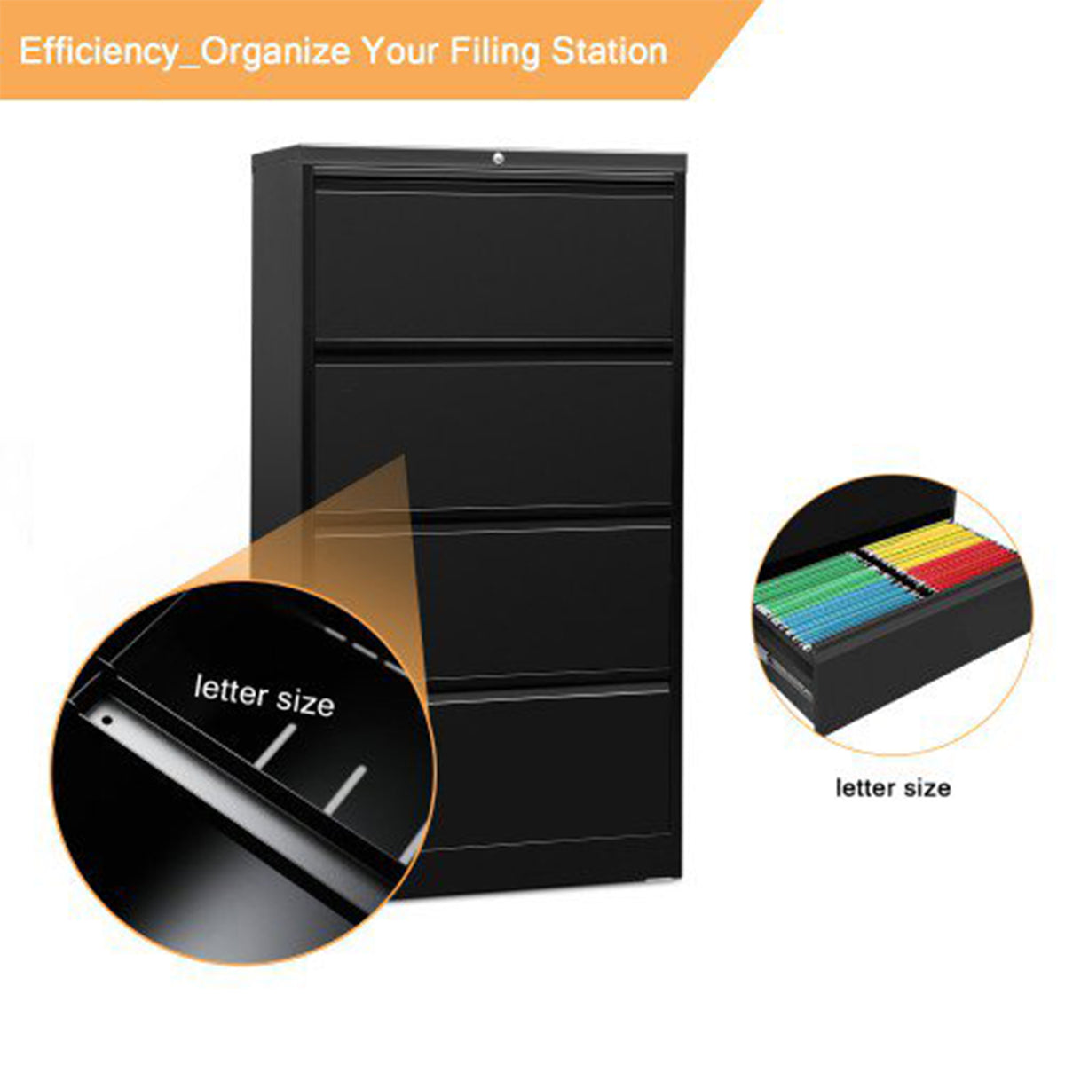 AOBABO 4 Drawer Lateral File Cabinet w/ Lock for Letter/Legal Size Paper, Black