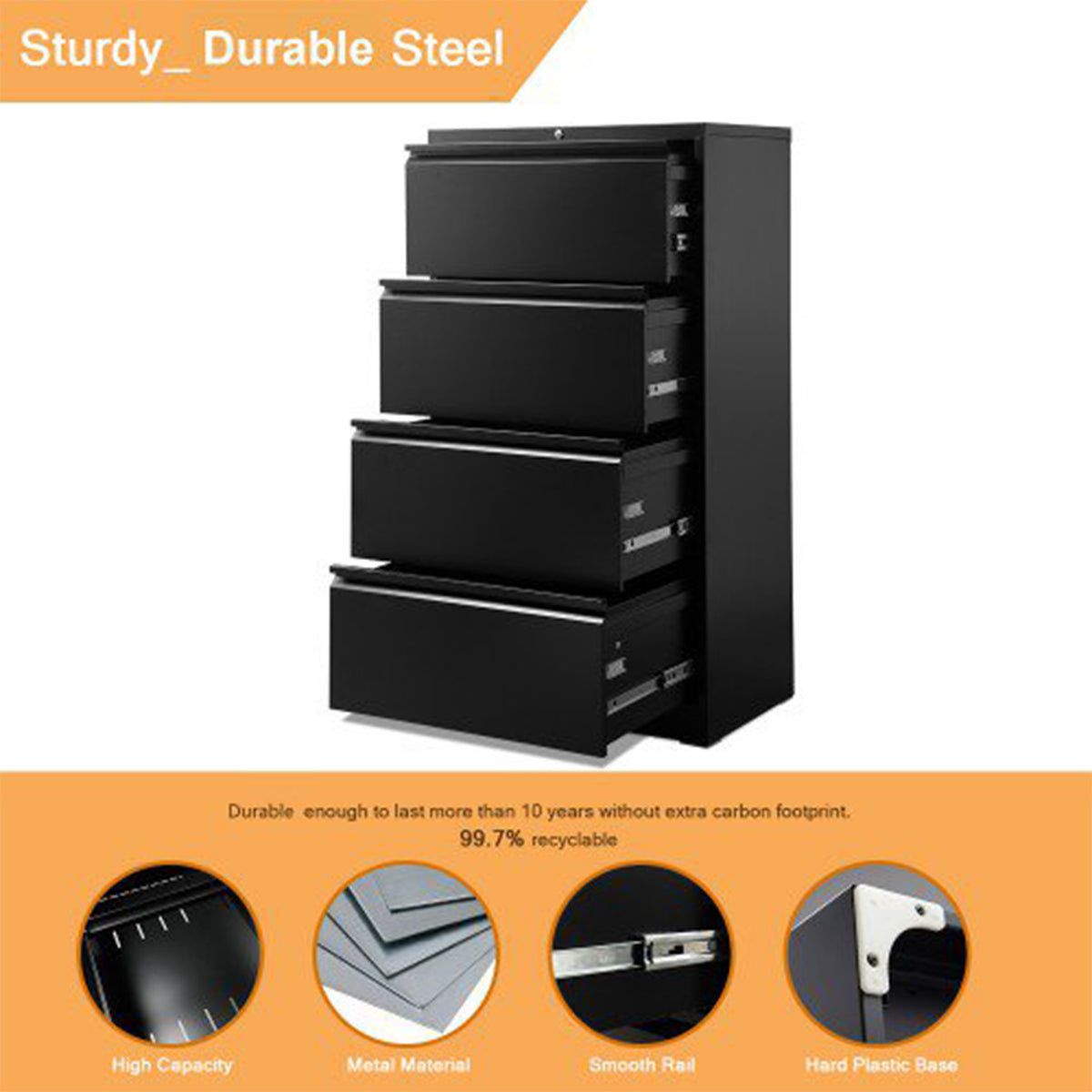 AOBABO 4 Drawer Lateral File Cabinet w/ Lock for Letter/Legal Size Paper, Black