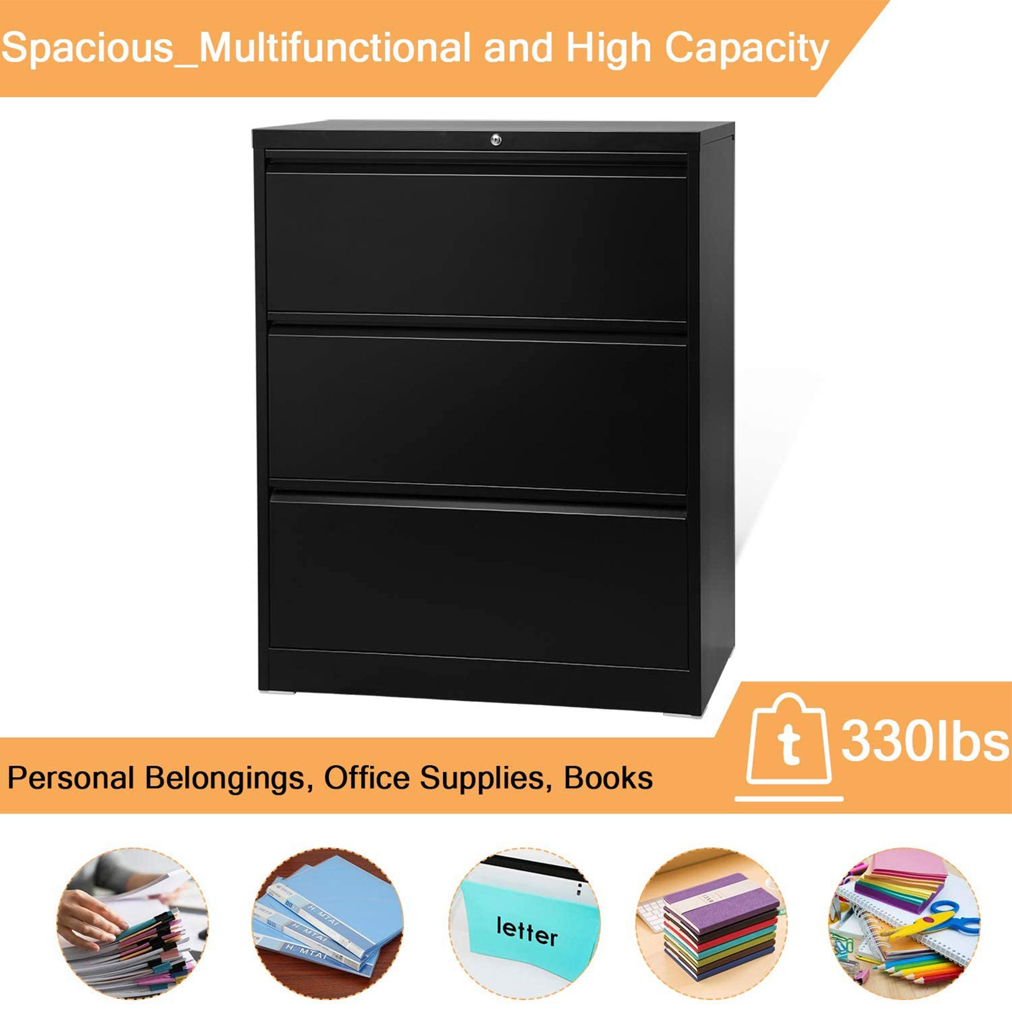 3 Drawer Lateral File Cabinet w/ Lock for Letter/Legal Paper, Black(Open Box) - VMInnovations