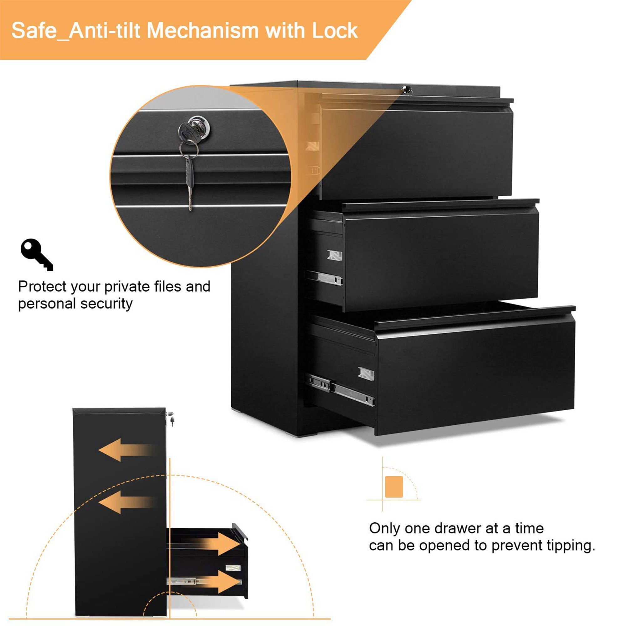 AOBABO 3 Drawer Lateral File Cabinet w/ Lock for Letter/Legal Size Paper, Black - VMInnovations