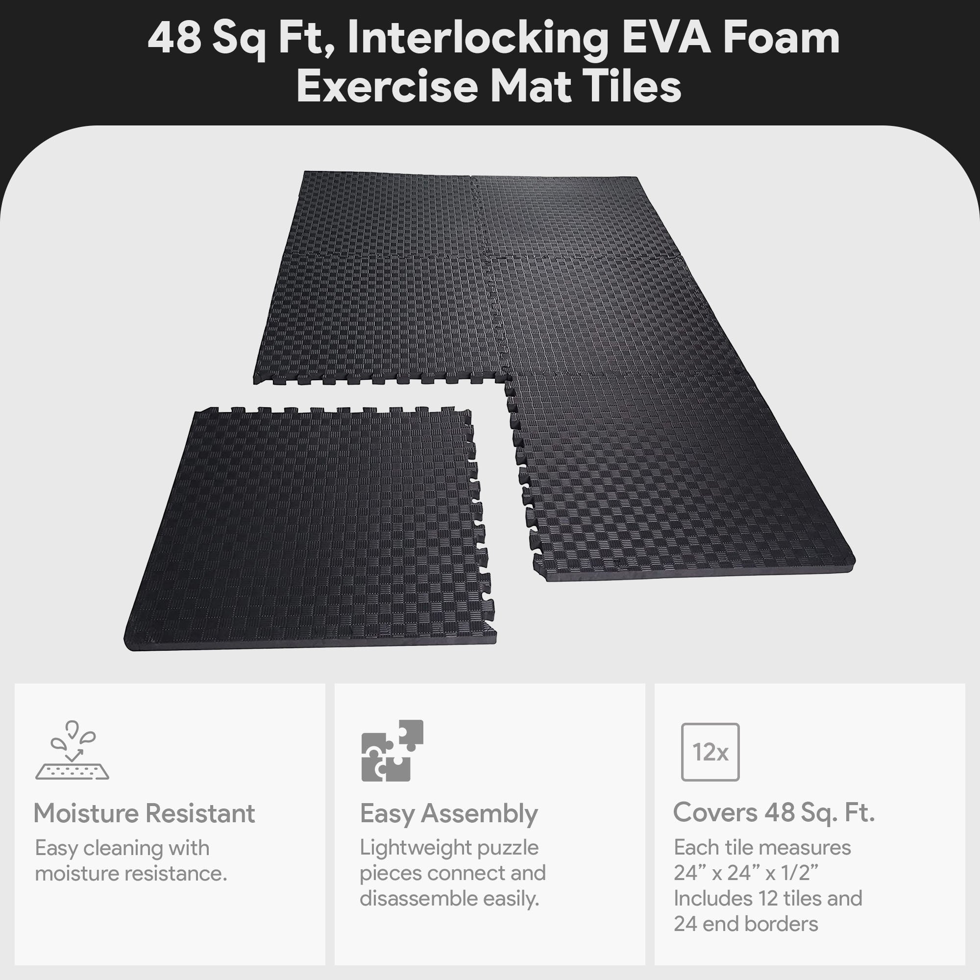 BalanceFrom Fitness 48 Sq Ft Interlocking EVA Foam Exercise Mat Tiles, Black - VMInnovations
