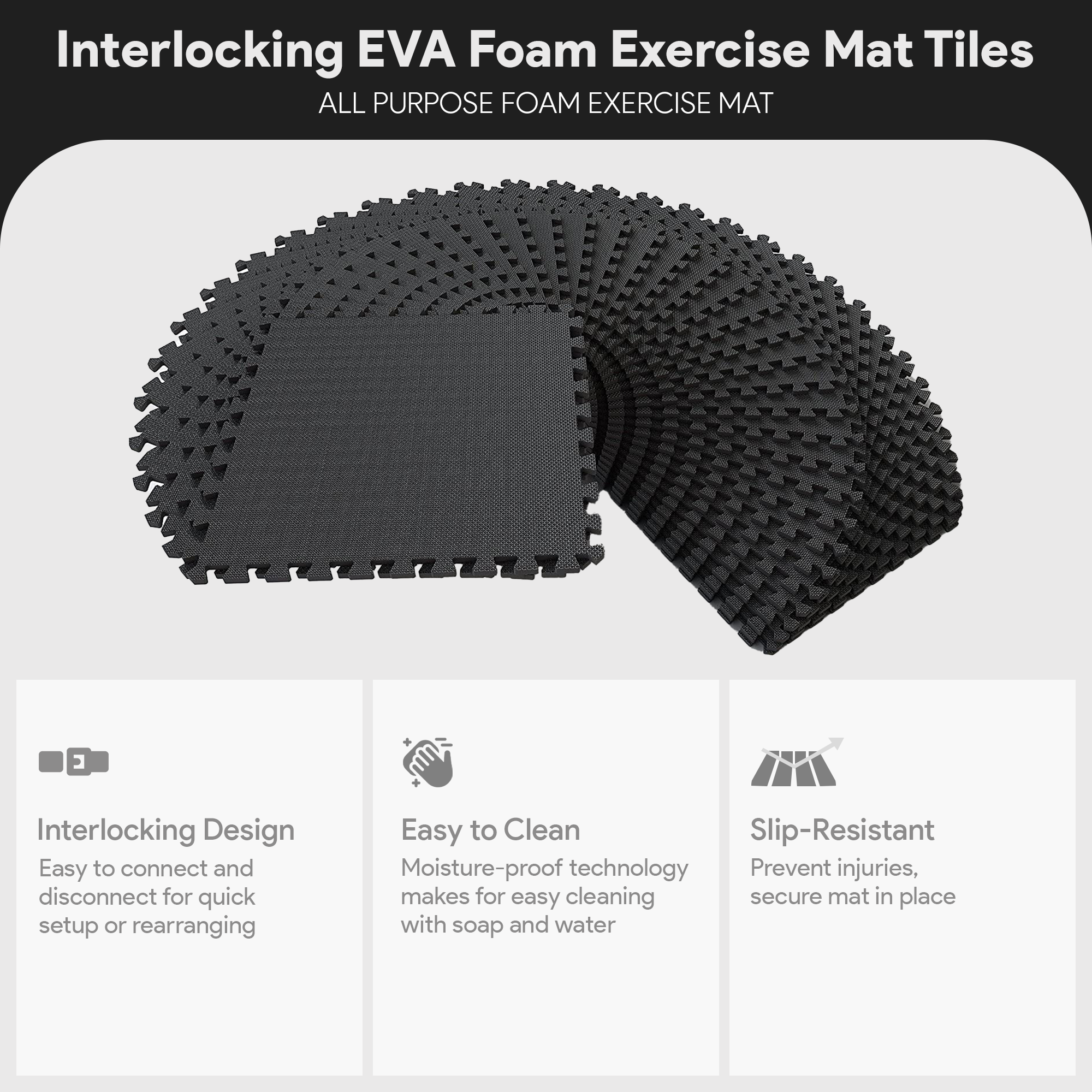 BalanceFrom Fitness 144 Sq Ft Interlocking EVA Foam Exercise Mat Tiles, Black